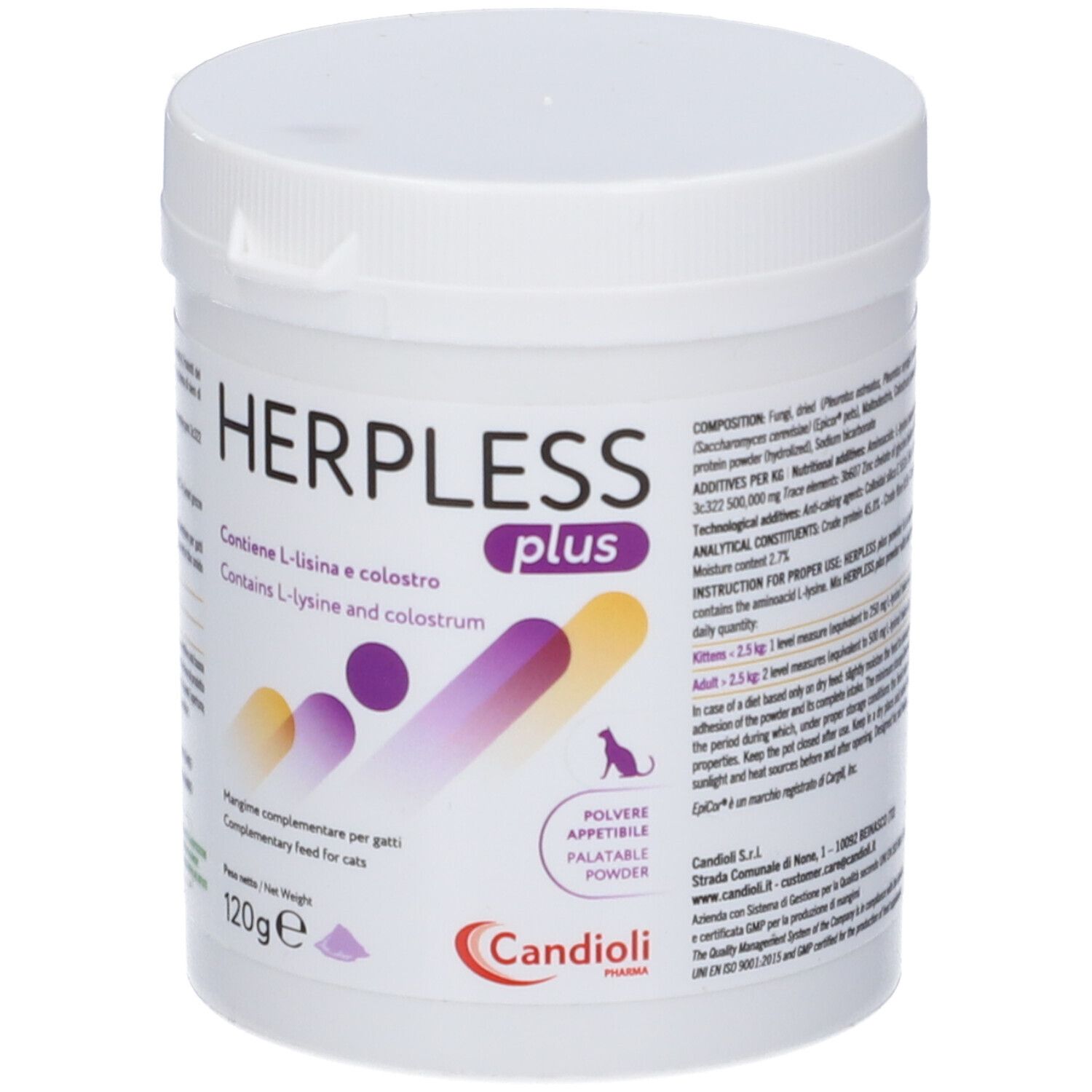 Barattolo bianco HERPLESS plus. Contiene L-lisina e colostro. 120g. Marca: Candoli.