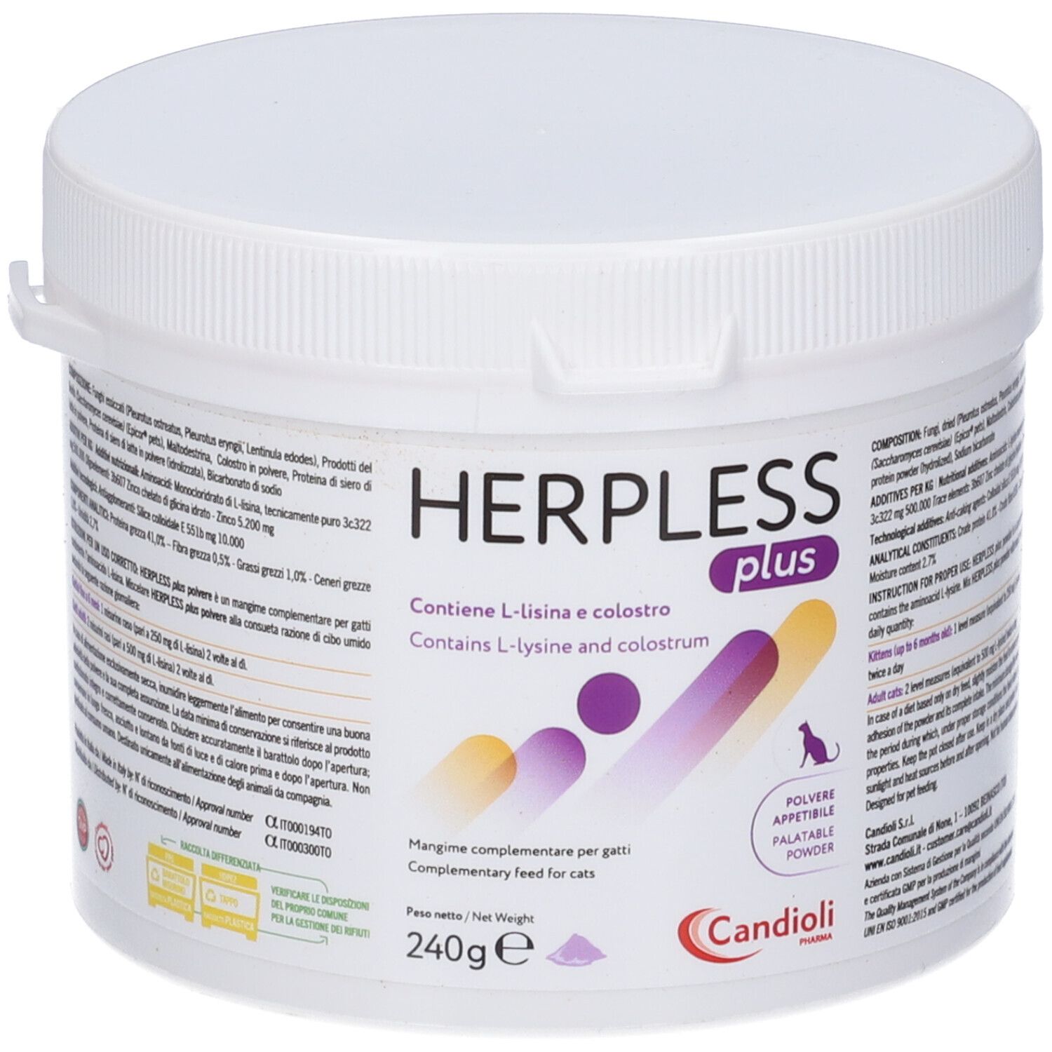 Herpless Plus Pulver für Katzen, 240g Dose mit L-Lysin und Kolostrum.
