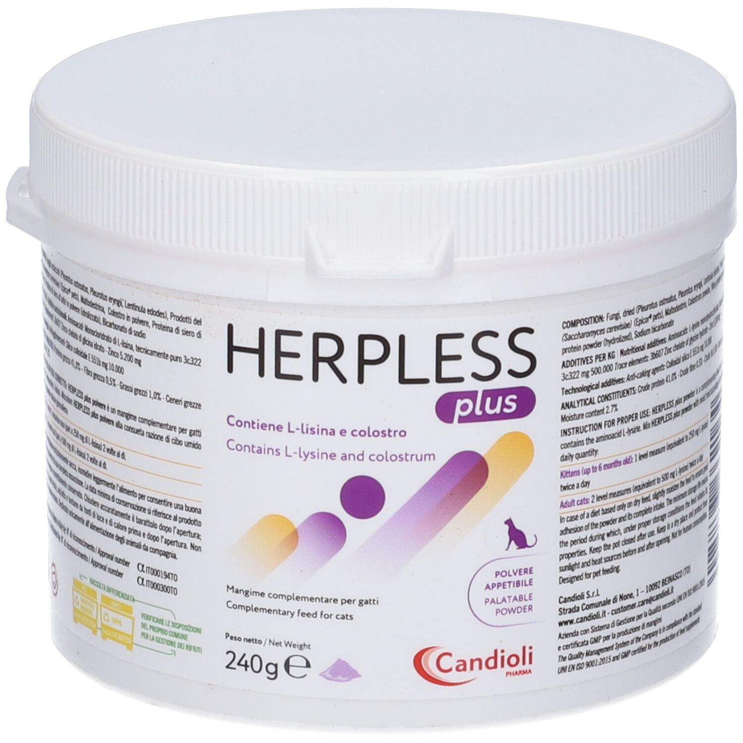 Herpless Plus Pulver für Katzen, 240g Dose mit L-Lysin und Kolostrum.