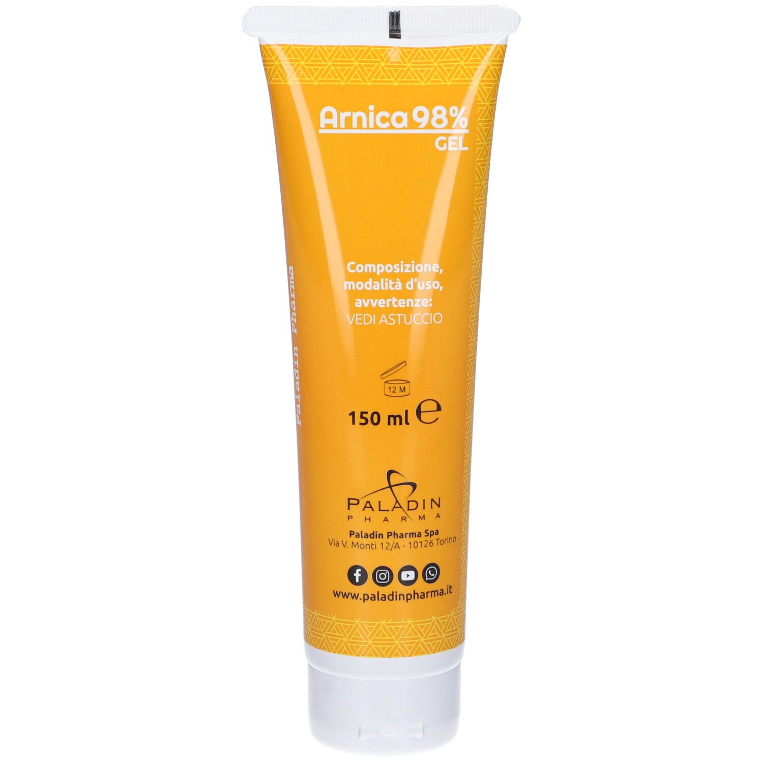 Gel-Tube, gelb-weiß, mit Text: Arnica 98% Gel, Sanavita, Paladin Pharma, 150 ml.