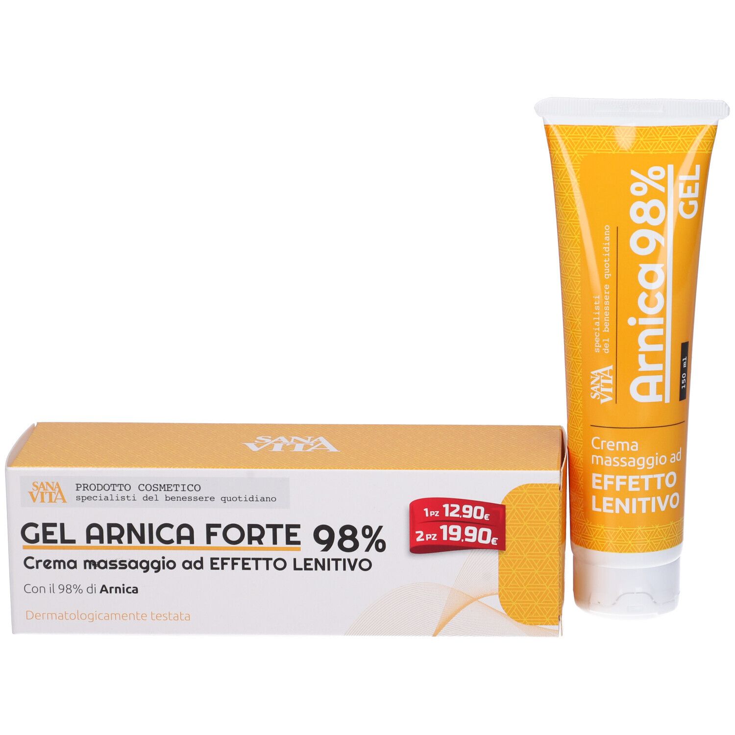 Produktverpackung und Tube. Verpackung: Gel Arnica Forte 98%, Sanavita. Tube: Arnica 98% Gel, Creme Massage ad Effetto Lenitivo.