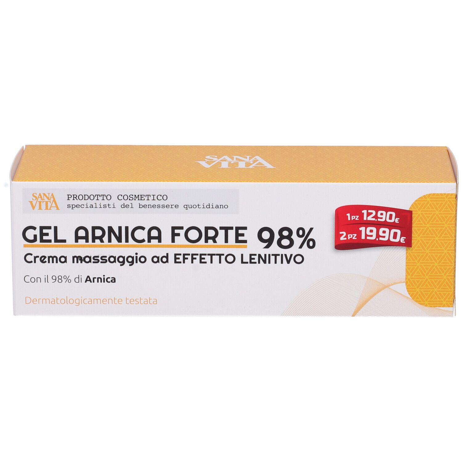 Produktverpackung, gelb-weiß, mit Text: Gel Arnica Forte 98%, Sanavita, Creme Massage ad Effetto Lenitivo.