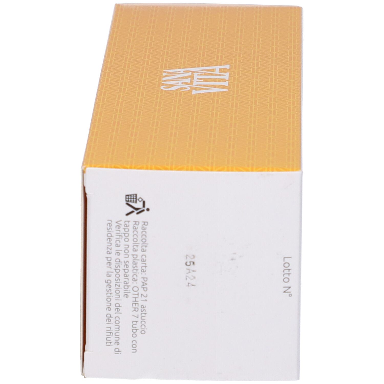 Produktverpackung, gelb, mit Text: Sanavita, Recycling-Hinweise.