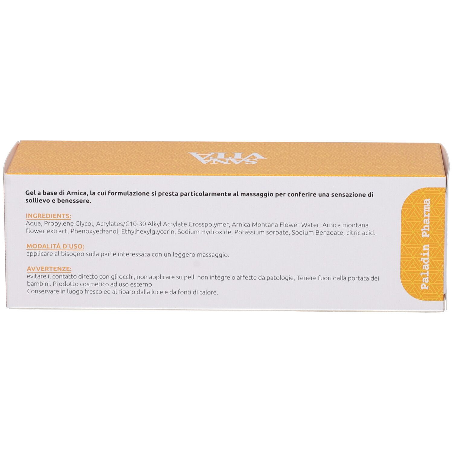 Produktverpackung, gelb, mit Text: Gel auf Arnica-Basis, Inhaltsstoffe, Anwendungshinweise, Warnhinweise, Paladin Pharma.