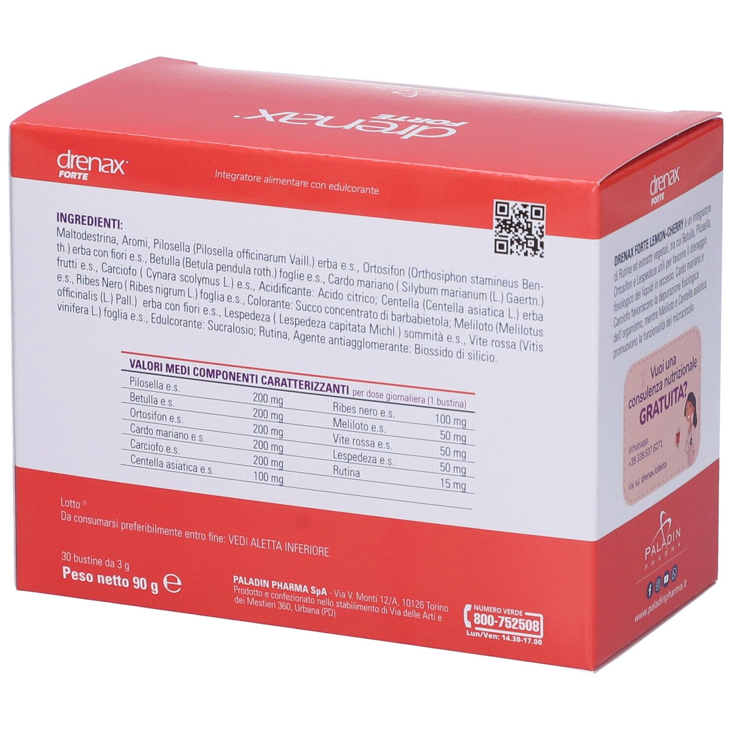 Scatola rossa, retro con ingredienti e informazioni nutrizionali. Testo in tabella, 30 bustine, 90g.
