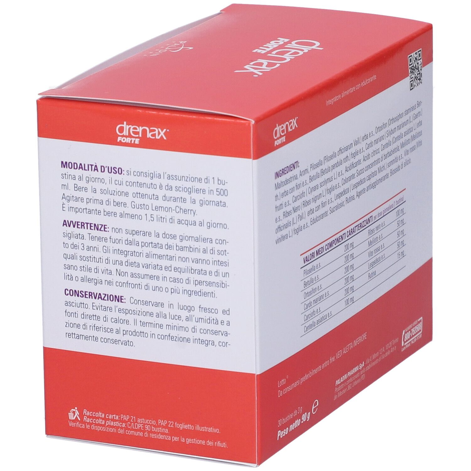 Scatola rossa, lato con istruzioni per l'uso e avvertenze. Testo in italiano, peso 50g.