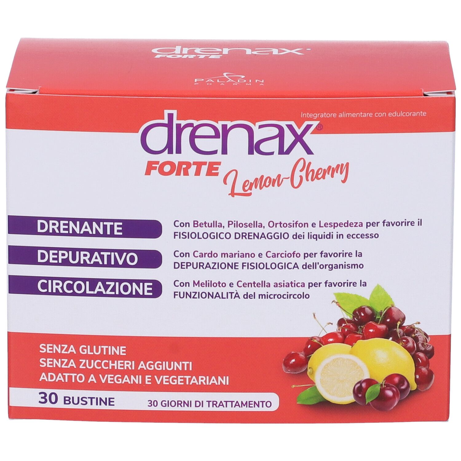 Scatola rossa con nome prodotto e illustrazione di limone e ciliegie. 30 bustine, senza glutine, senza zuccheri.