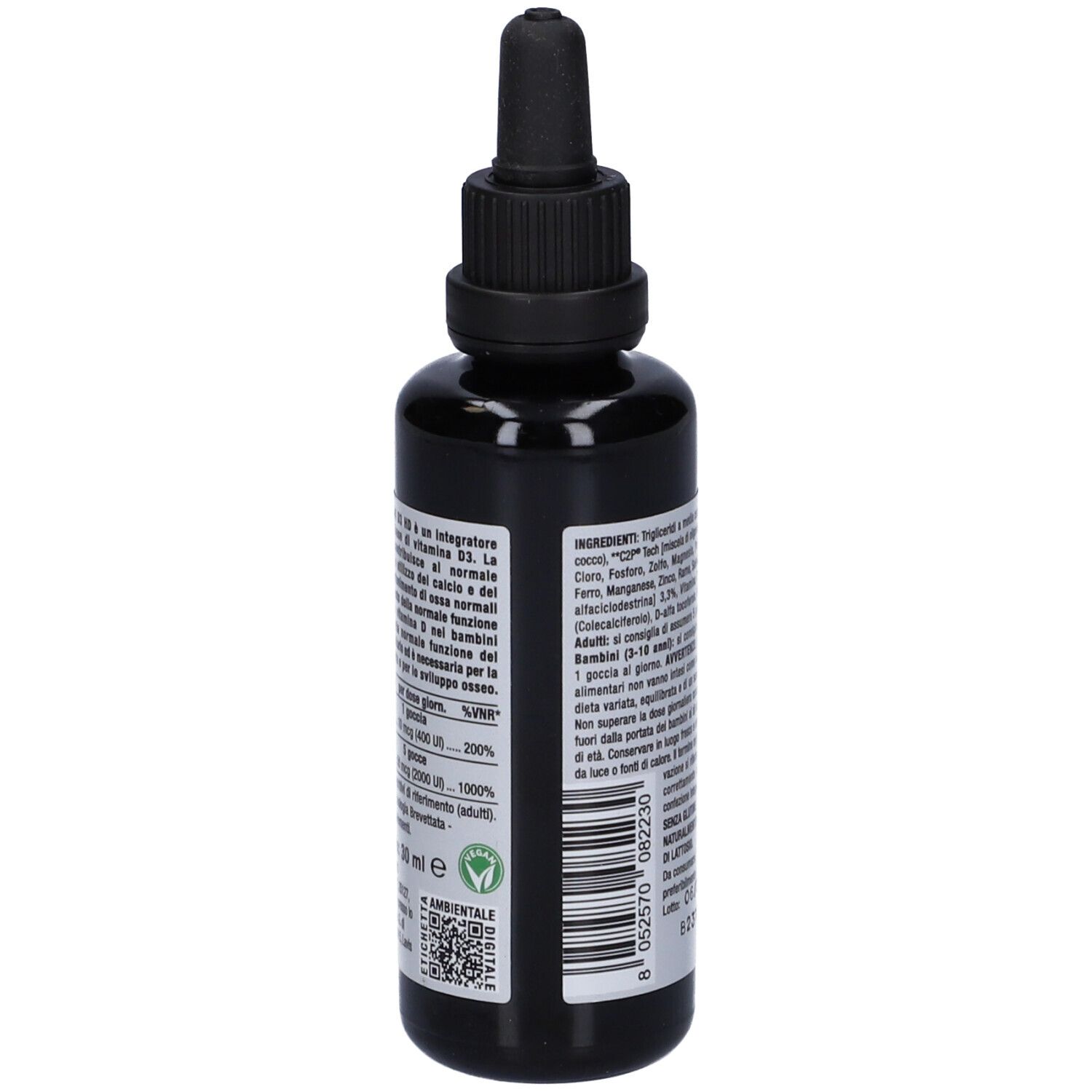 Braune Flasche mit Etikett. Text: Inhaltsstoffe, Nährwertangaben, Vegan-Siegel. Gocce.