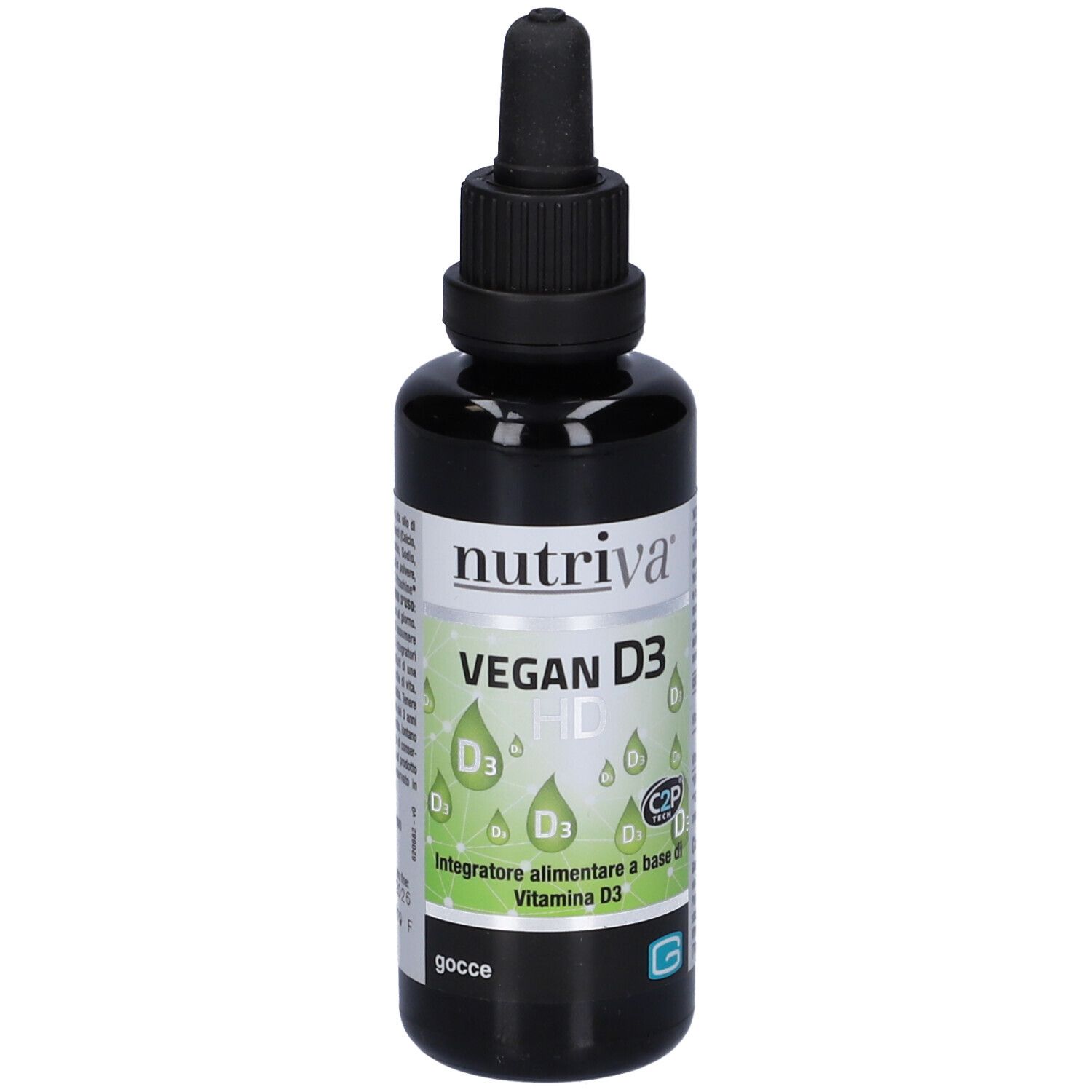 Braune Flasche mit schwarzem Deckel und Pipette. Aufschrift: Nutriva Vegan D3 HD Gocce. Tropfen-Symbol.