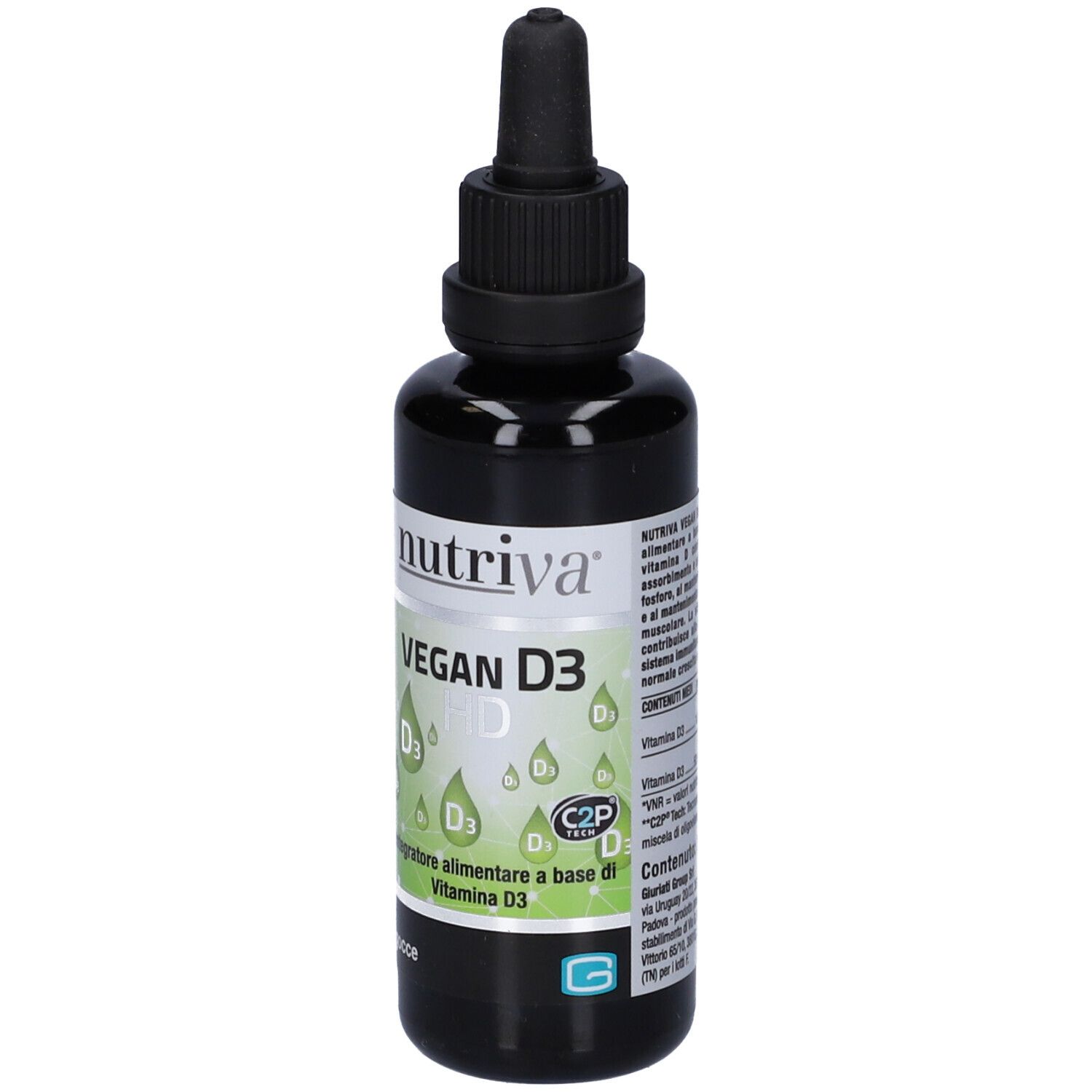Braune Flasche mit schwarzem Deckel und Pipette. Aufschrift: Nutriva Vegan D3 HD Gocce. Tropfen-Symbol.