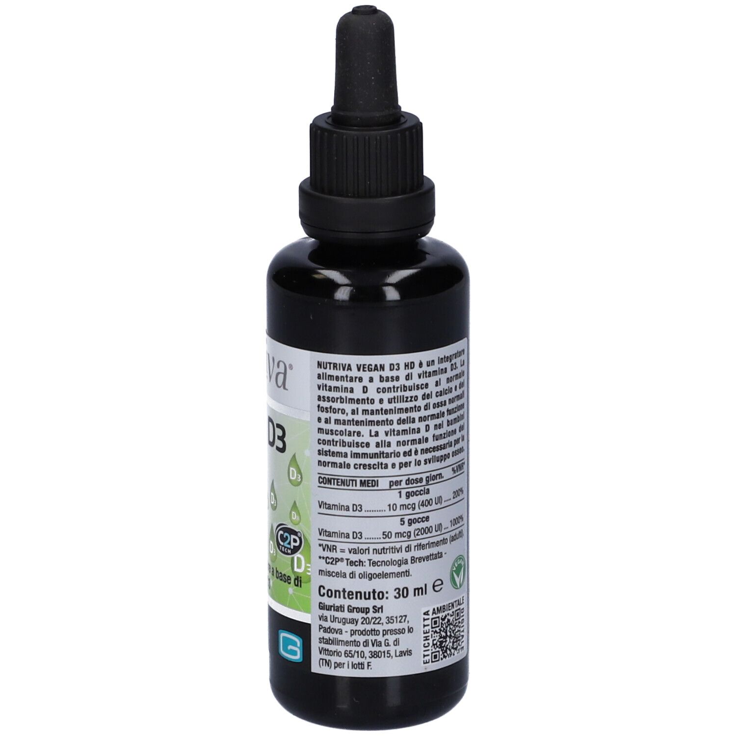 Braune Flasche mit schwarzem Deckel und Pipette. Aufschrift: Nutriva Vegan D3 HD Gocce. Inhalt: 30 ml.