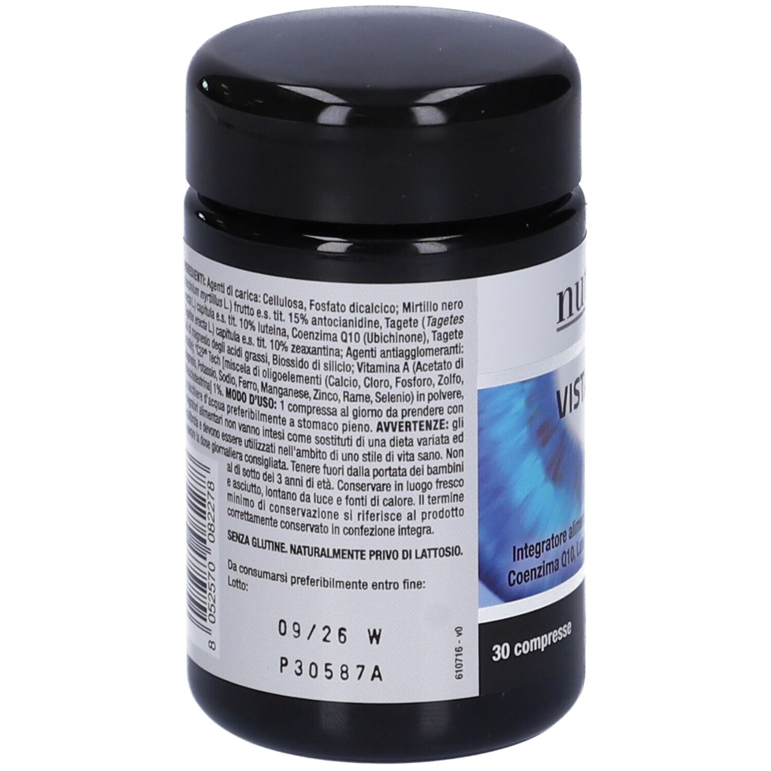 Rückseite der schwarzen Dose. Text mit Inhaltsstoffen und Anweisungen. Enthält 30 Tabletten. "nutriva VISTAPLUS".
