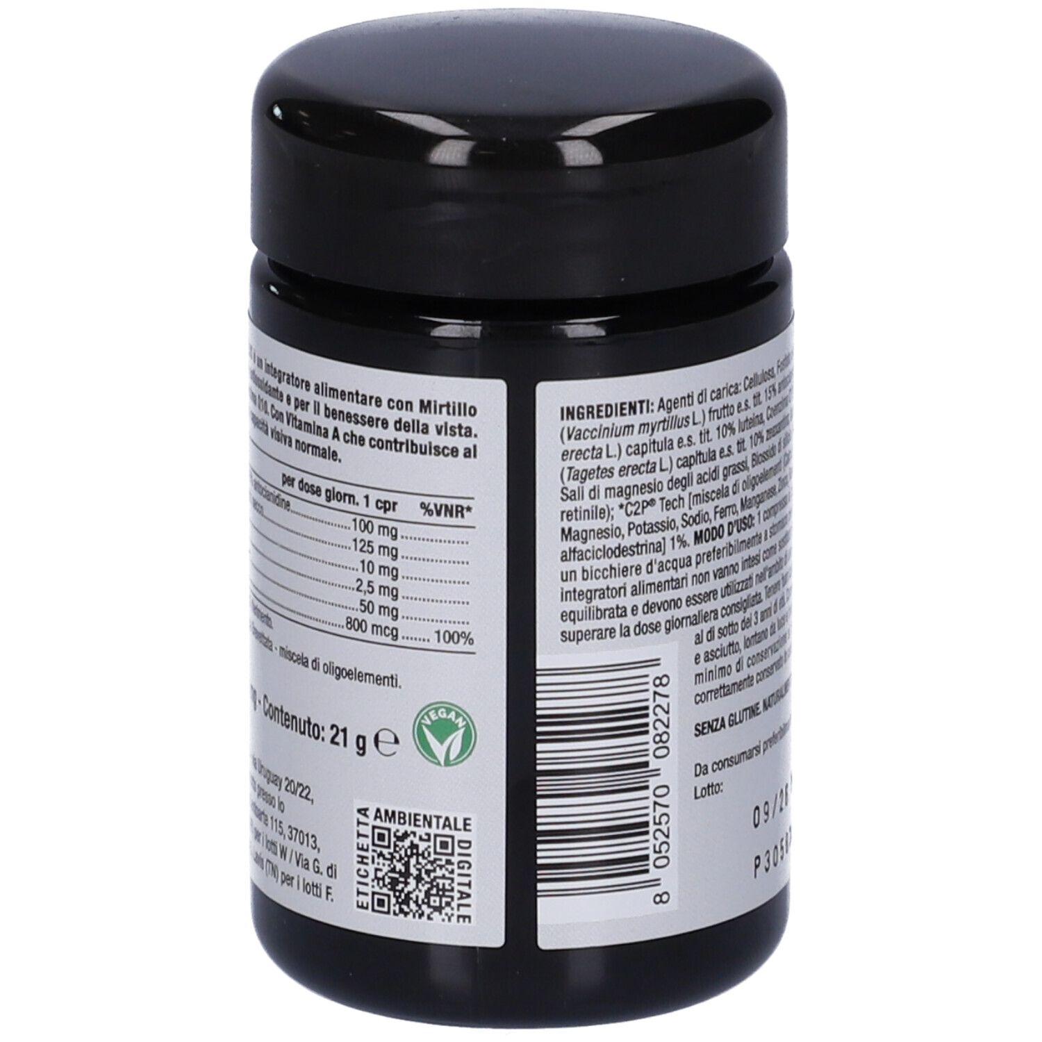 Rückseite der schwarzen Dose. Text mit Nährwertangaben und Inhaltsstoffen. Enthält 21g. Grüne Umweltzeichen.