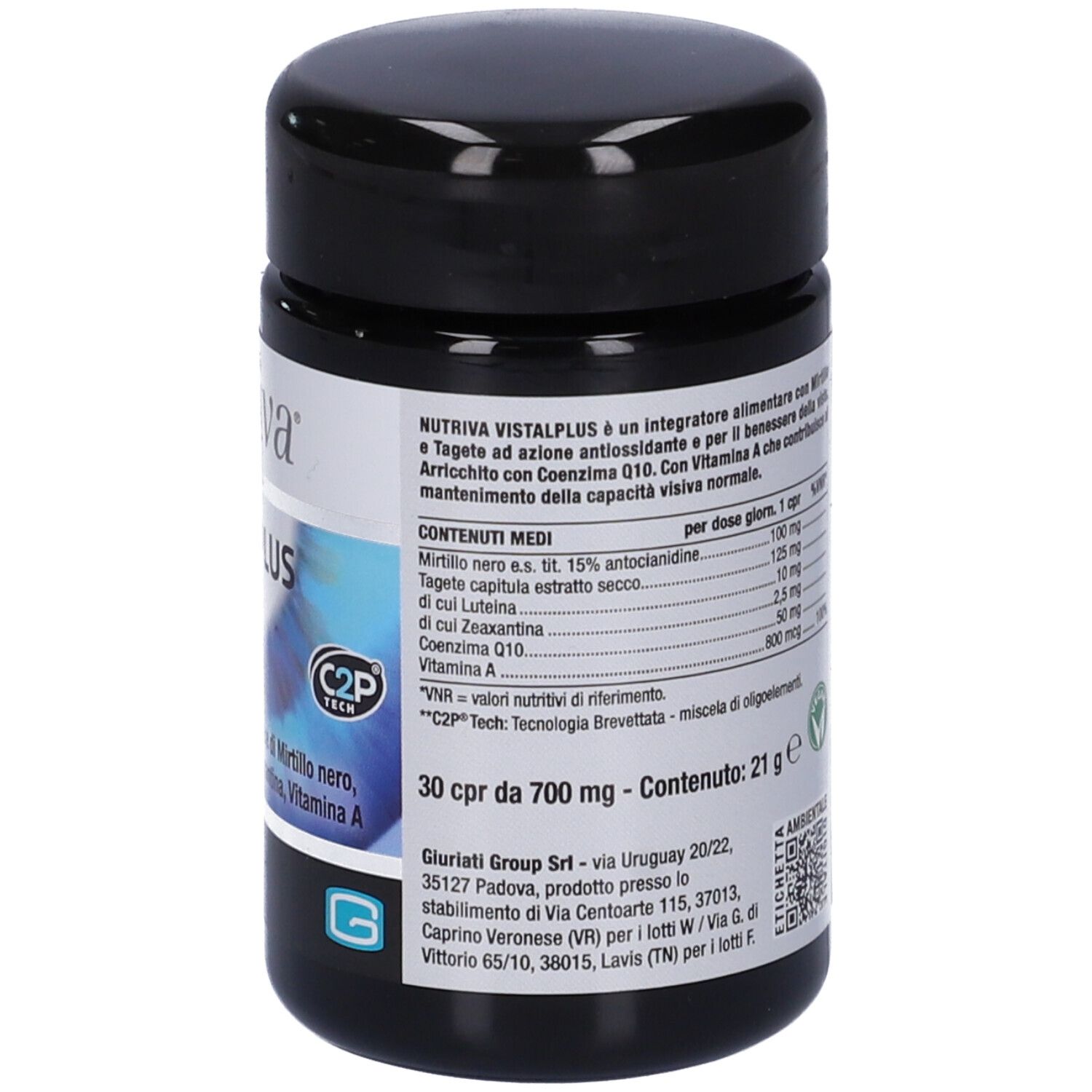 Schwarze Dose mit "nutriva VISTAPLUS"-Aufdruck. Enthält 30 Tabletten. Blaue Augen-Grafik. Text: Integratore alimentare.