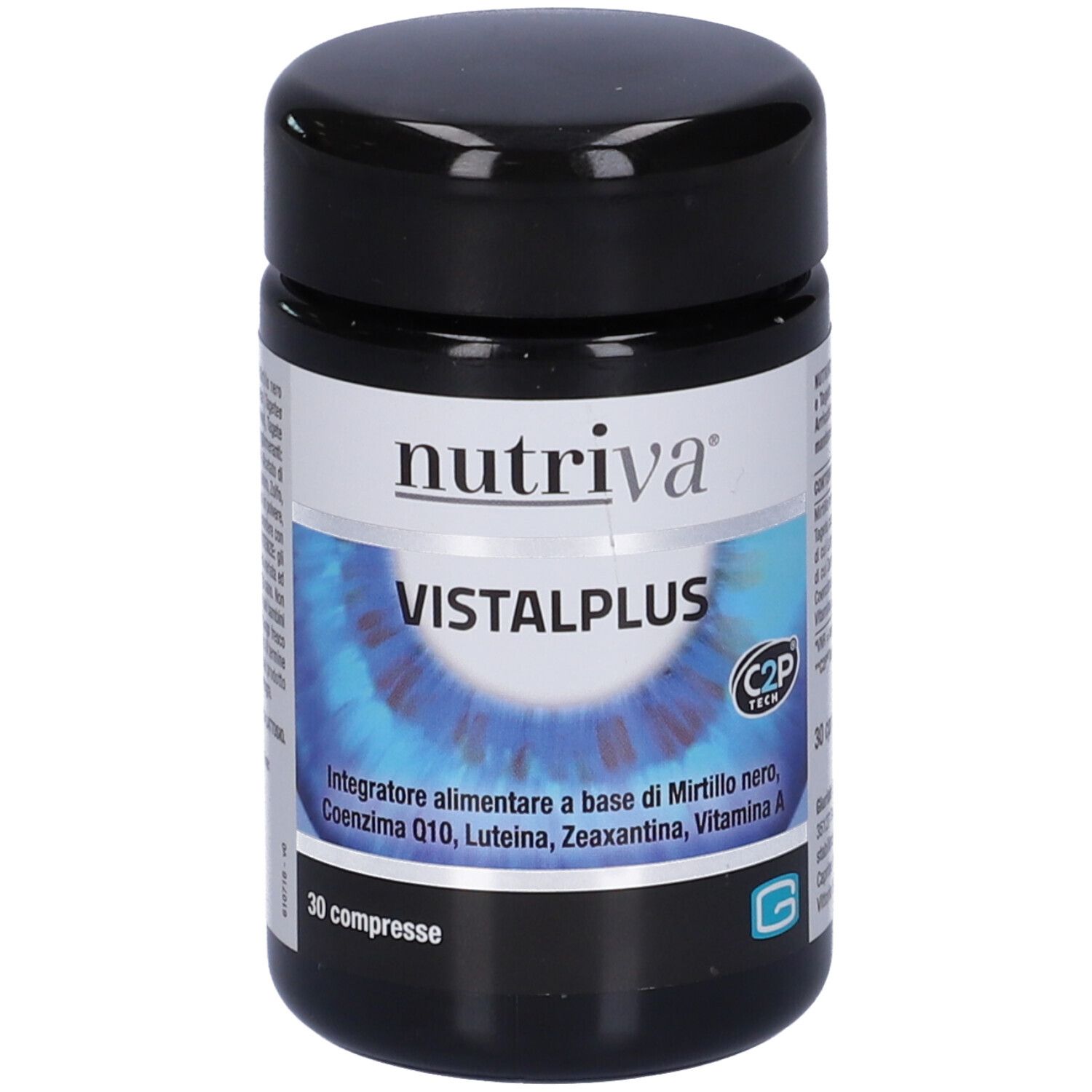Schwarze Dose mit "nutriva VISTAPLUS"-Aufdruck. Enthält 30 Tabletten. Blaue Augen-Grafik. Text: Integratore alimentare.