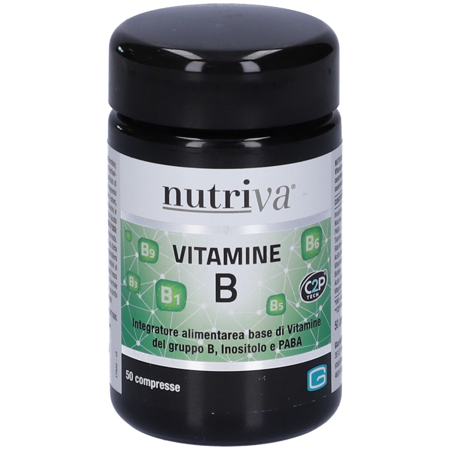 Barattolo nero con etichetta bianca. Scritta: Nutriva Vitamine B. 50 compresse. Grafica verde e bianca.