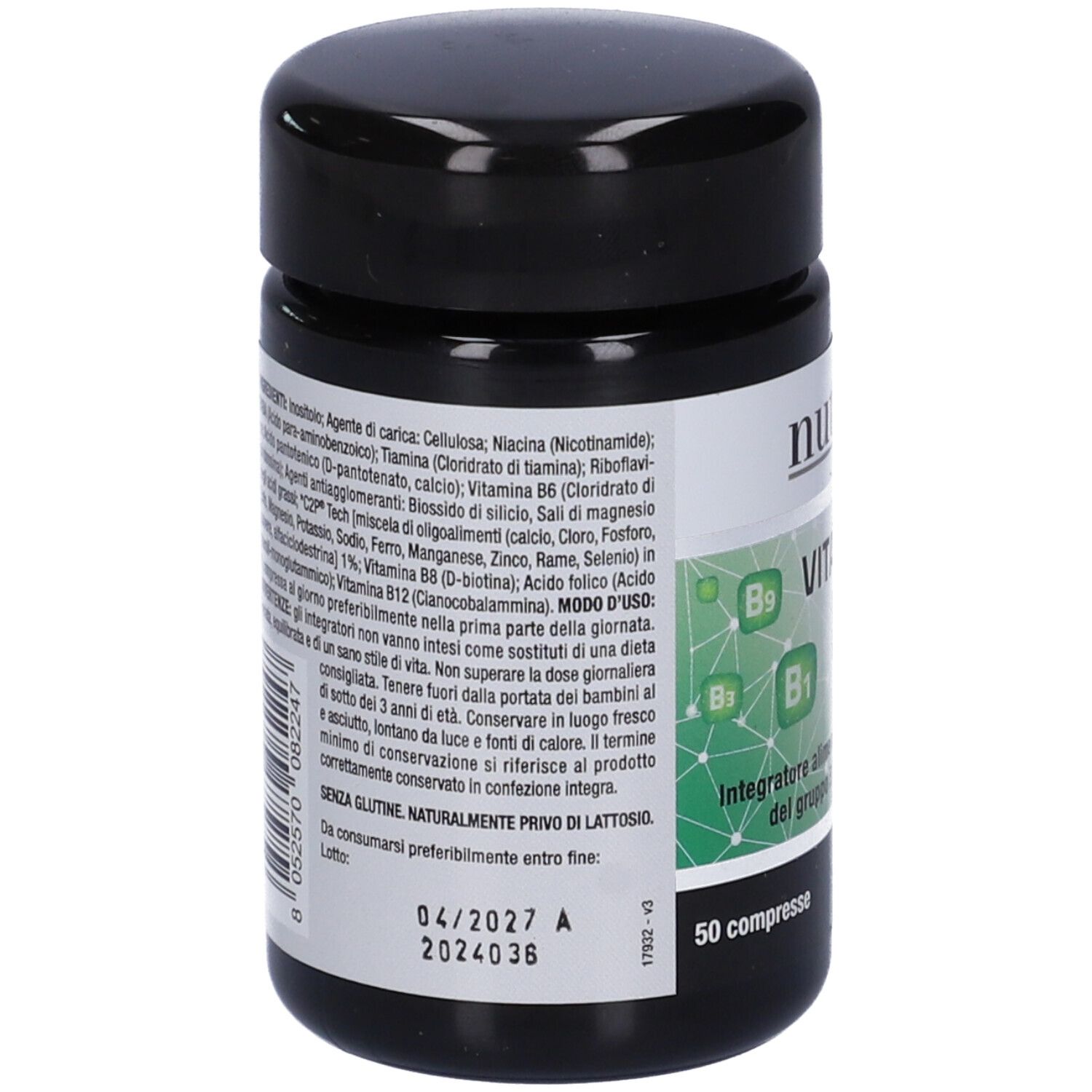 Barattolo nero con testo. Contiene ingredienti e scadenza. Scritta: Nutriva Vitamine B. 50 compresse.
