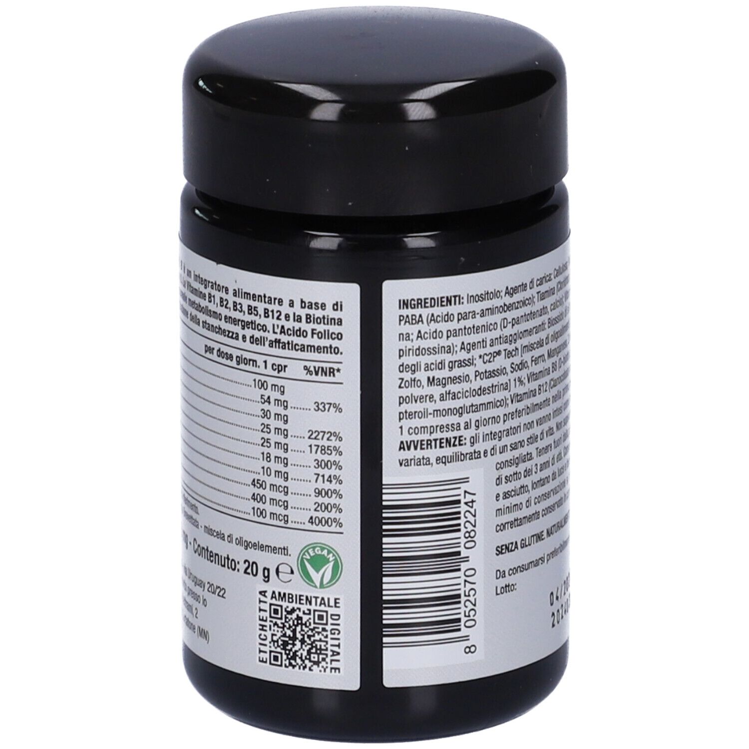 Barattolo nero con testo. Contiene informazioni nutrizionali. Scritta: Nutriva Vitamine B. 50 compresse. 20g.