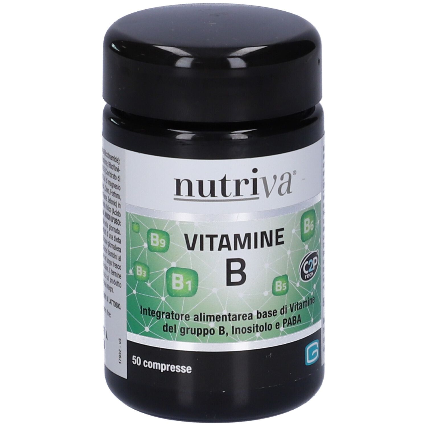 Barattolo nero con etichetta bianca. Scritta: Nutriva Vitamine B. 50 compresse. Grafica verde e bianca.