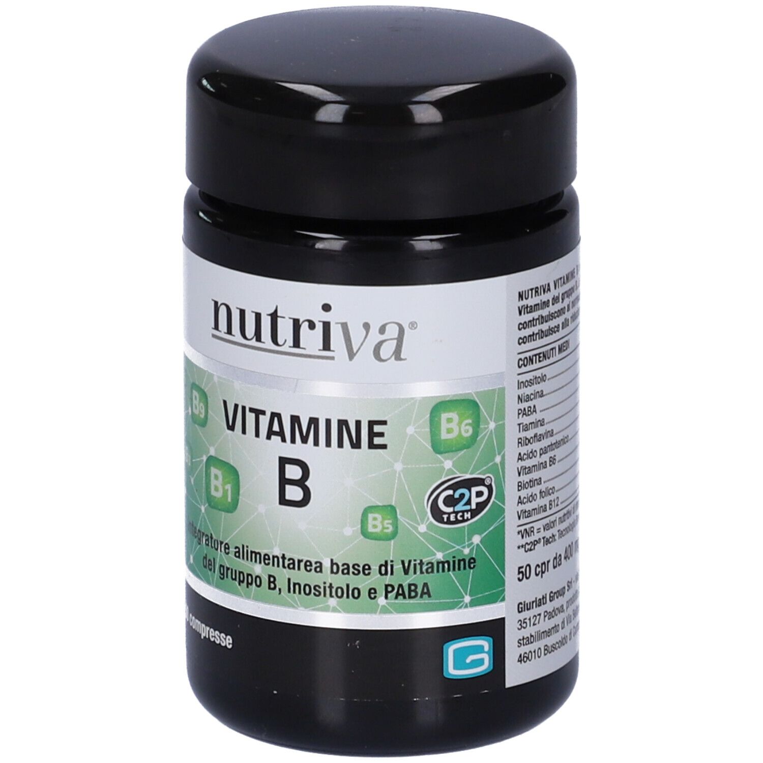 Barattolo nero con etichetta bianca. Scritta: Nutriva Vitamine B. 50 compresse. Grafica verde e bianca.