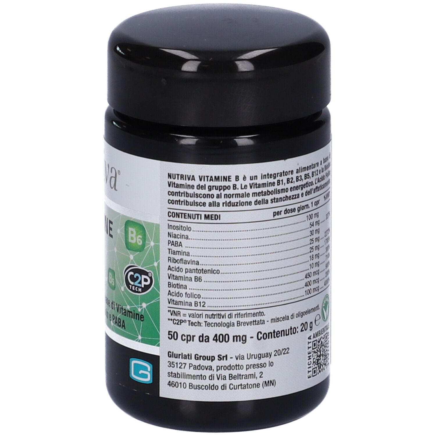 Barattolo nero con testo. Contiene informazioni nutrizionali. Scritta: Nutriva Vitamine B. 50 compresse. 20g.