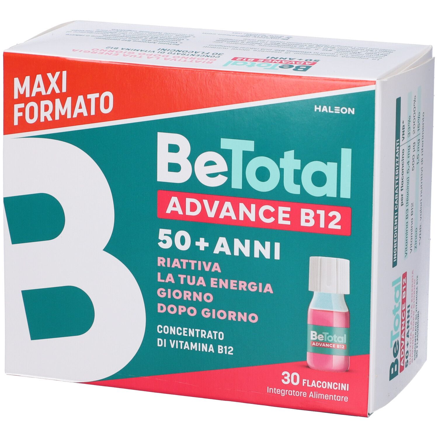 Confezione di integratore alimentare BeTotal Advance B12 50+ anni. Contiene 30 flaconcini. Scritta 'Maxi Formato'.