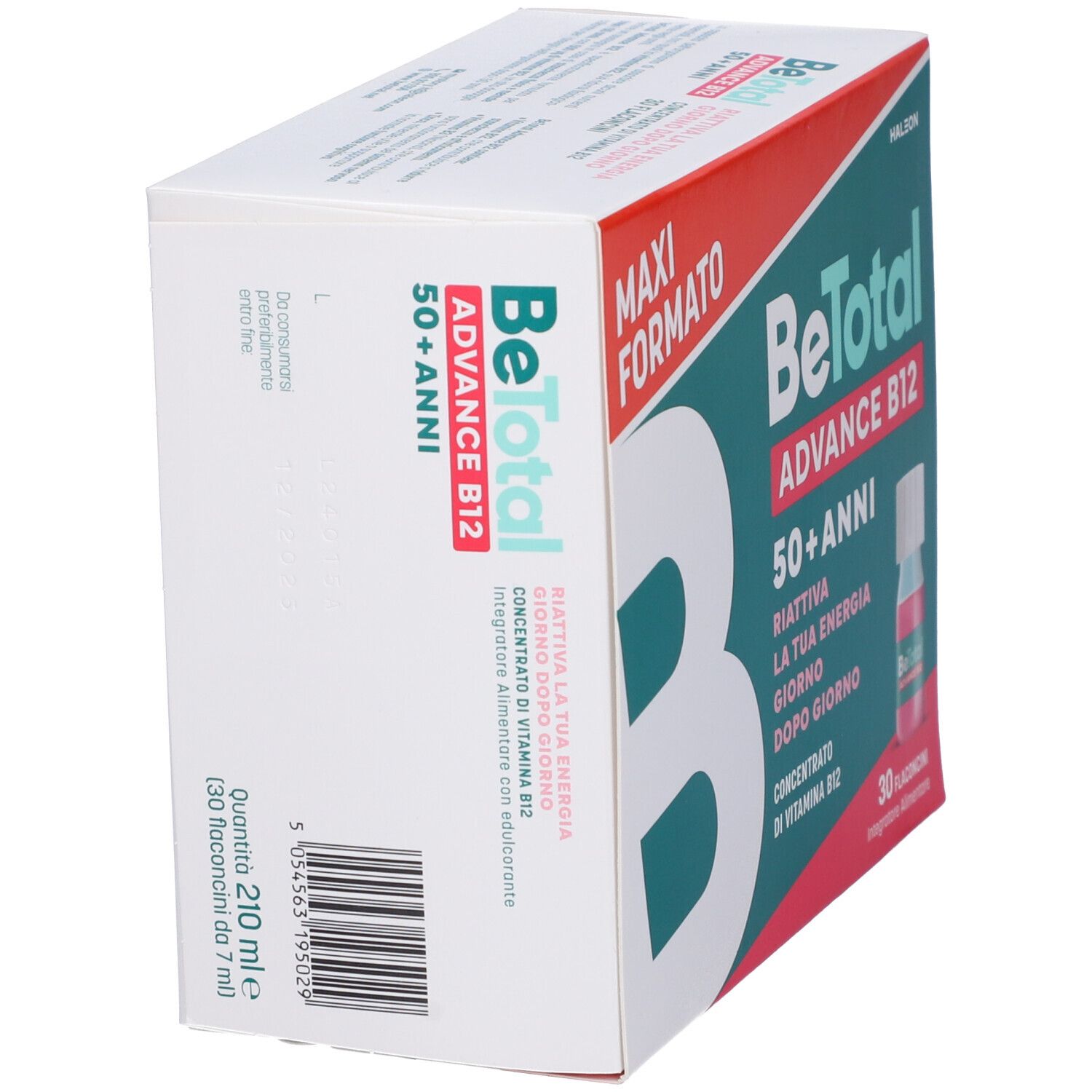 Vista angolata della confezione BeTotal Advance B12. Scritte: 50+ anni, 30 flaconcini, 210 ml.