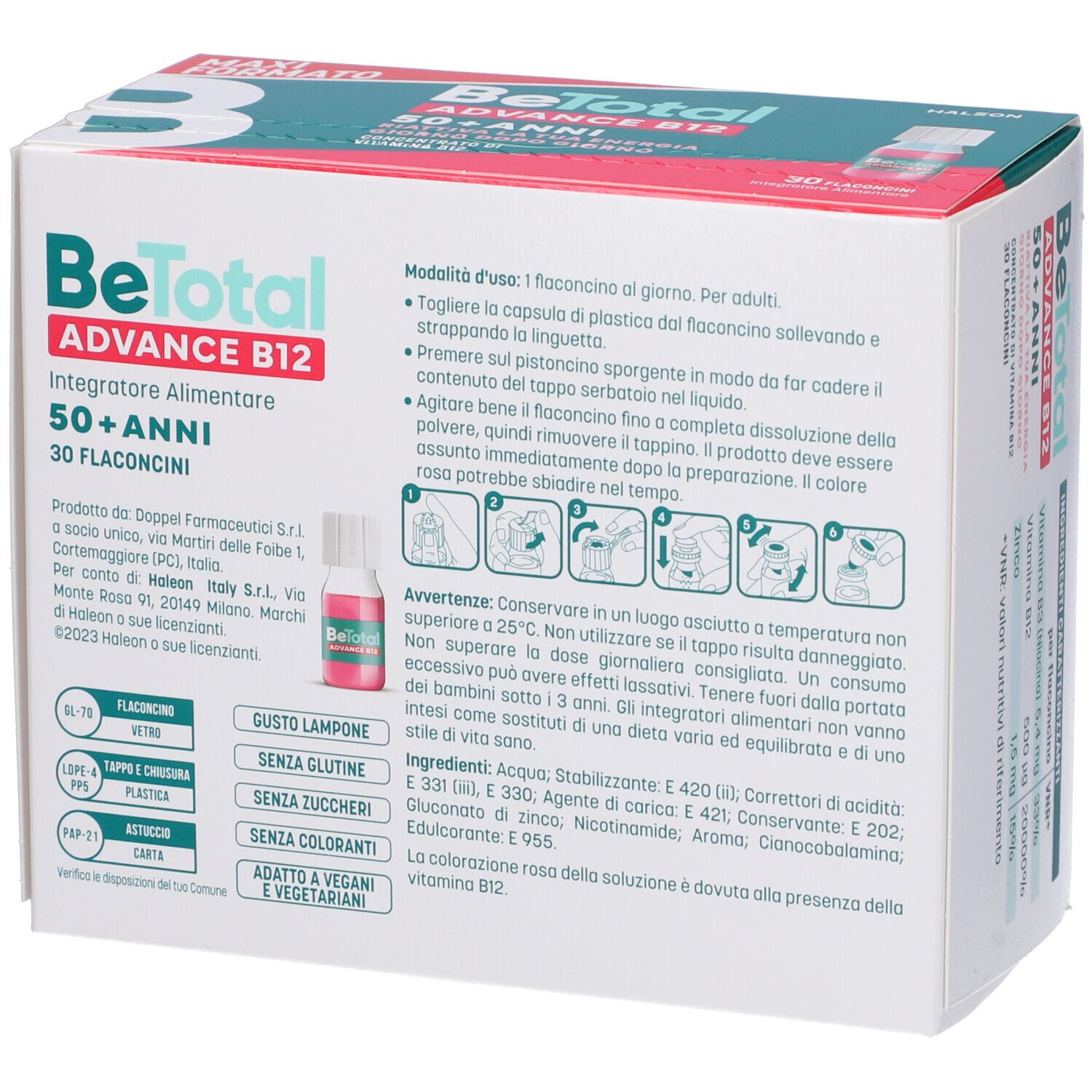 Retro della confezione BeTotal Advance B12. Contiene informazioni sugli ingredienti e l'uso.