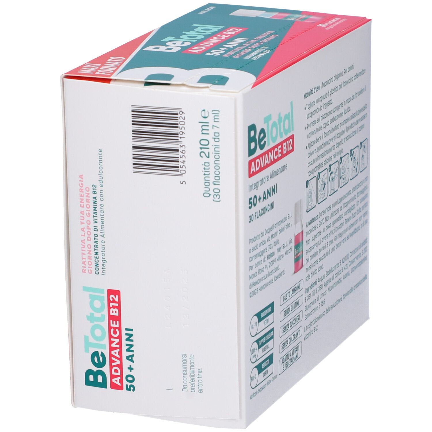 Vista angolata della confezione BeTotal Advance B12. Scritte: 50+ anni, 30 flaconcini, 210 ml.
