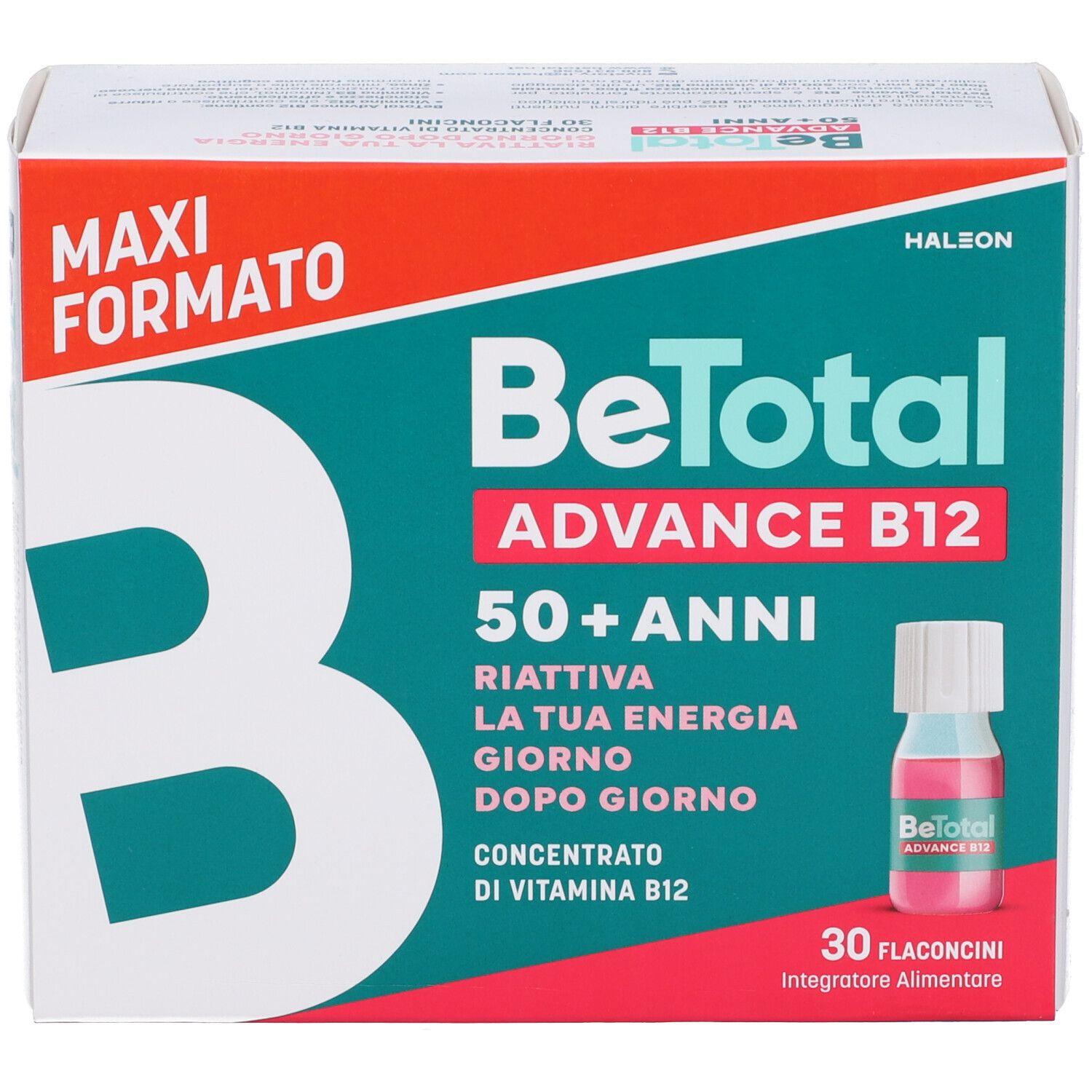 Confezione BeTotal Advance B12. Scritta: 50+ anni. Contiene 30 flaconcini. 'Maxi Formato'.
