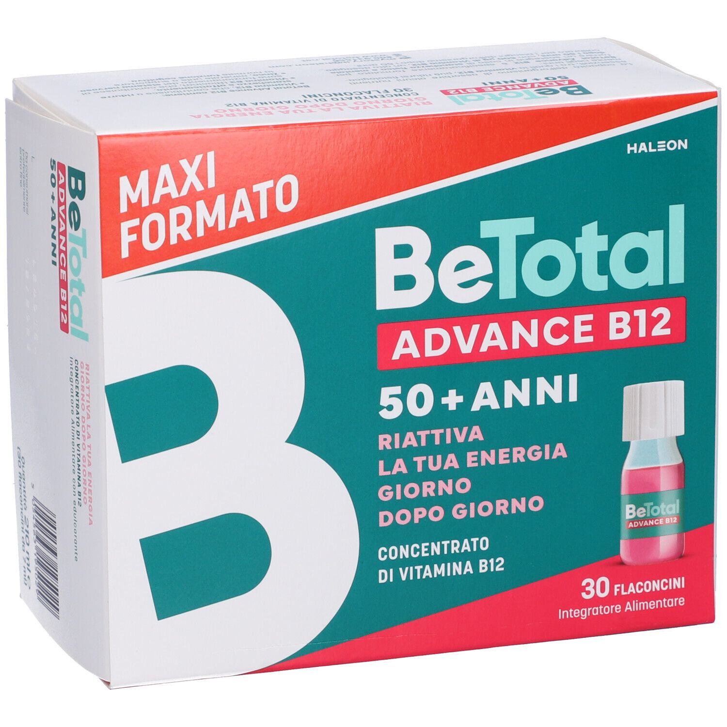 Confezione BeTotal Advance B12. Scritta: 50+ anni. Contiene 30 flaconcini. 'Maxi Formato'.