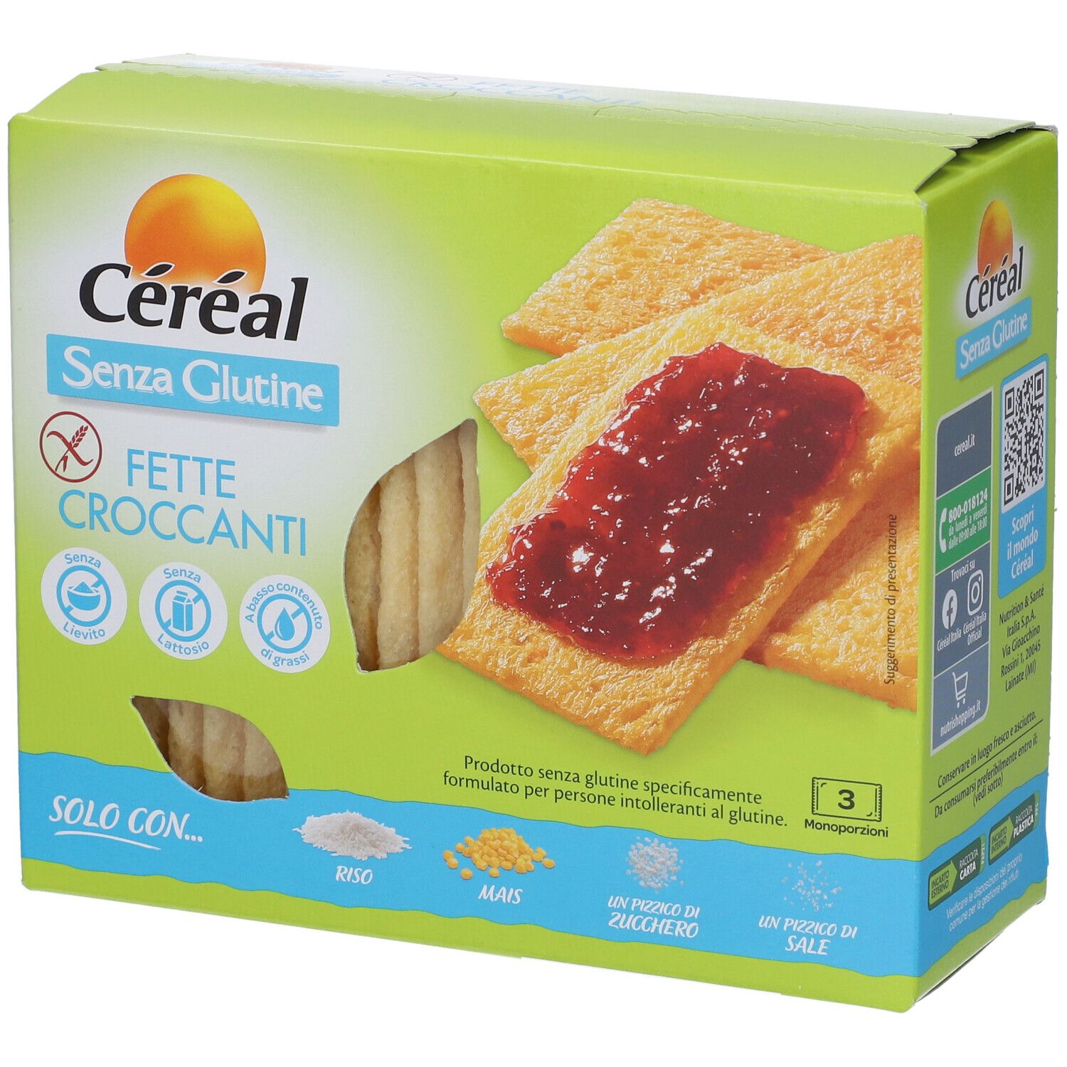 Scatola verde Céréal Senza Glutine Fette Croccanti. Cracker senza glutine con marmellata. 3 porzioni.