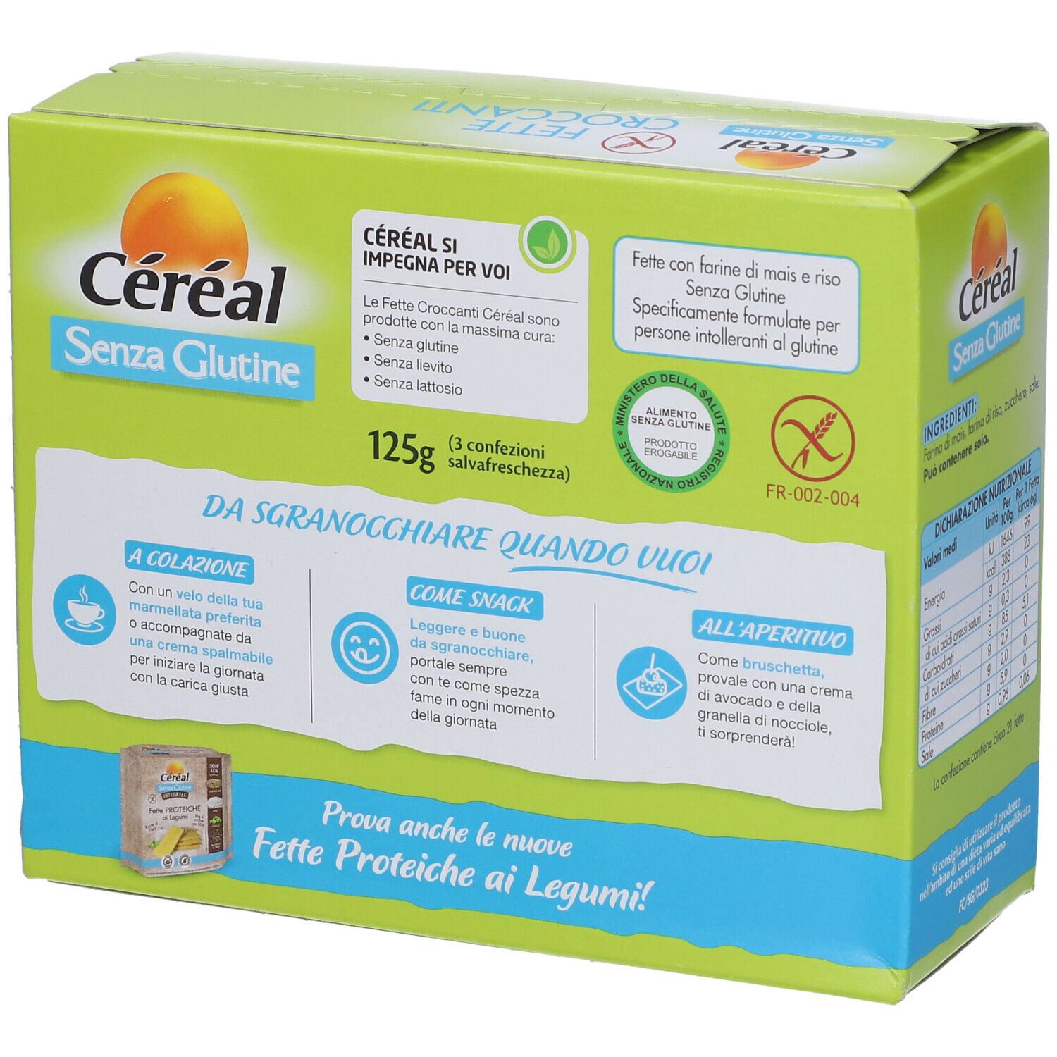 Scatola verde Céréal Senza Glutine Fette Croccanti. 125g. Certificazione senza glutine. Esempi d'uso.