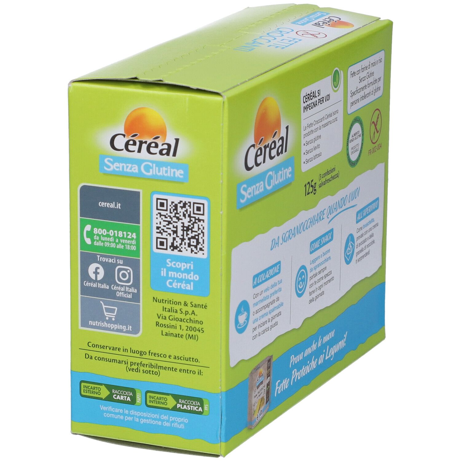 Scatola verde Céréal Senza Glutine Fette Croccanti. Informazioni di contatto e QR code. Senza glutine.