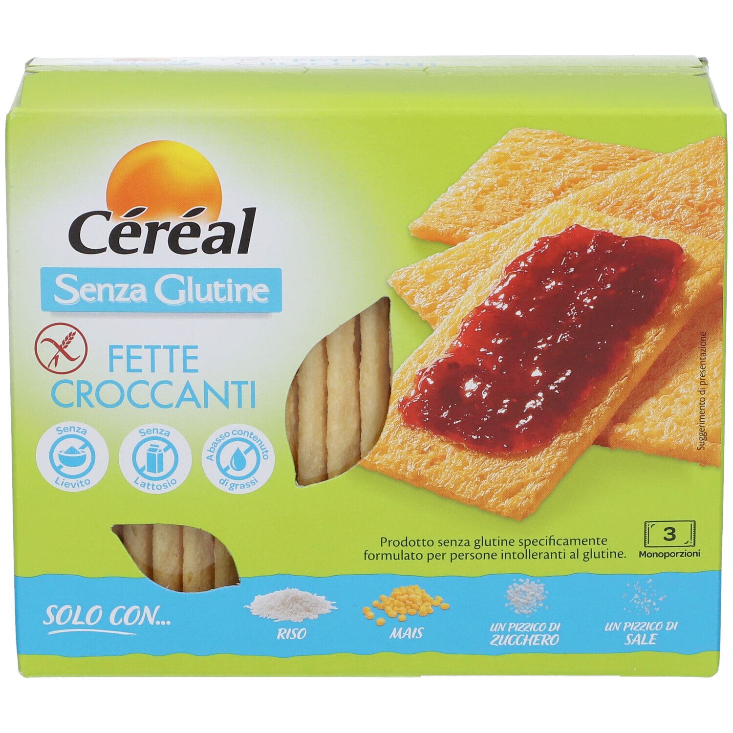 Scatola verde Céréal Senza Glutine Fette Croccanti. Cracker senza glutine. 3 porzioni. Simboli senza glutine.