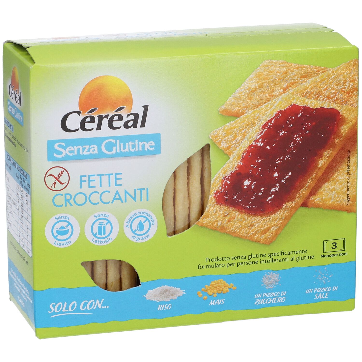 Scatola verde Céréal Senza Glutine Fette Croccanti. Cracker senza glutine. 3 porzioni. Simboli senza glutine.