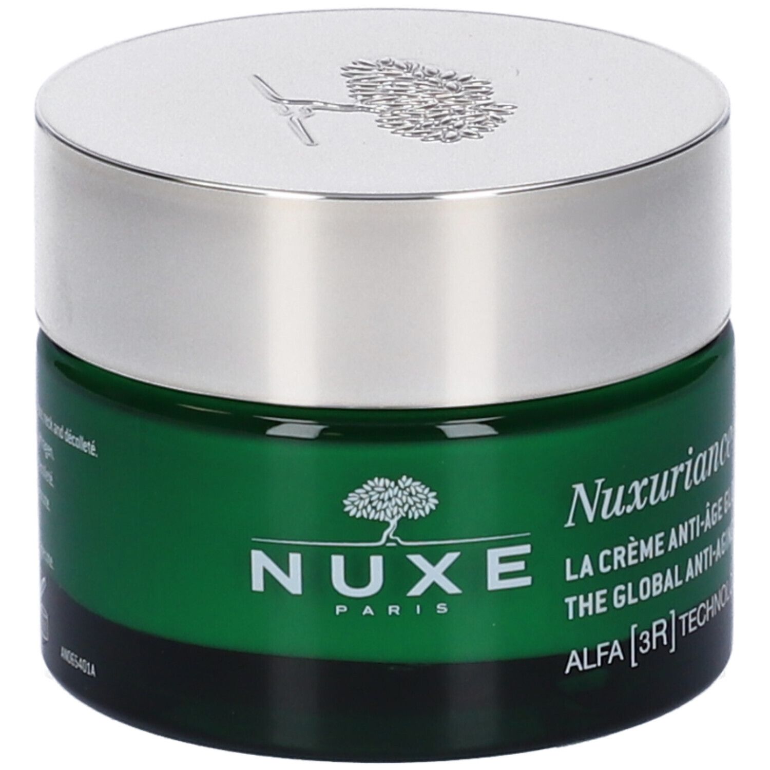 Vaso di crema verde con coperchio argentato. Scritta: Nuxe, Nuxuriance Ultra, La Crème Anti-Âge Global. Logo albero.