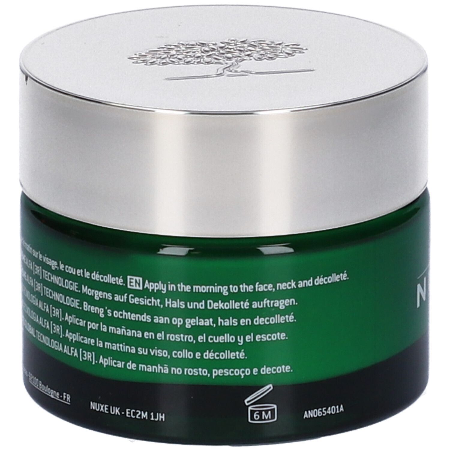 Vaso di crema verde con coperchio argentato. Testo: Applicare al mattino su viso, collo e décolleté. Nuxe, 6M.