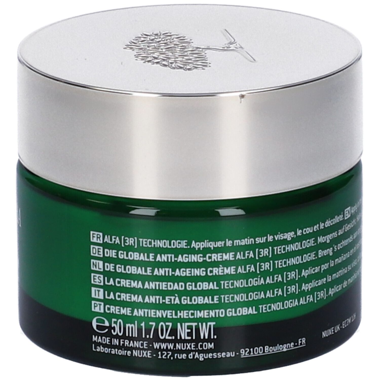 Vaso di crema verde con coperchio argentato. Testo: 50 ml, La Crème Anti-Âge Global, Alfa [3R] Tecnologia. Nuxe.