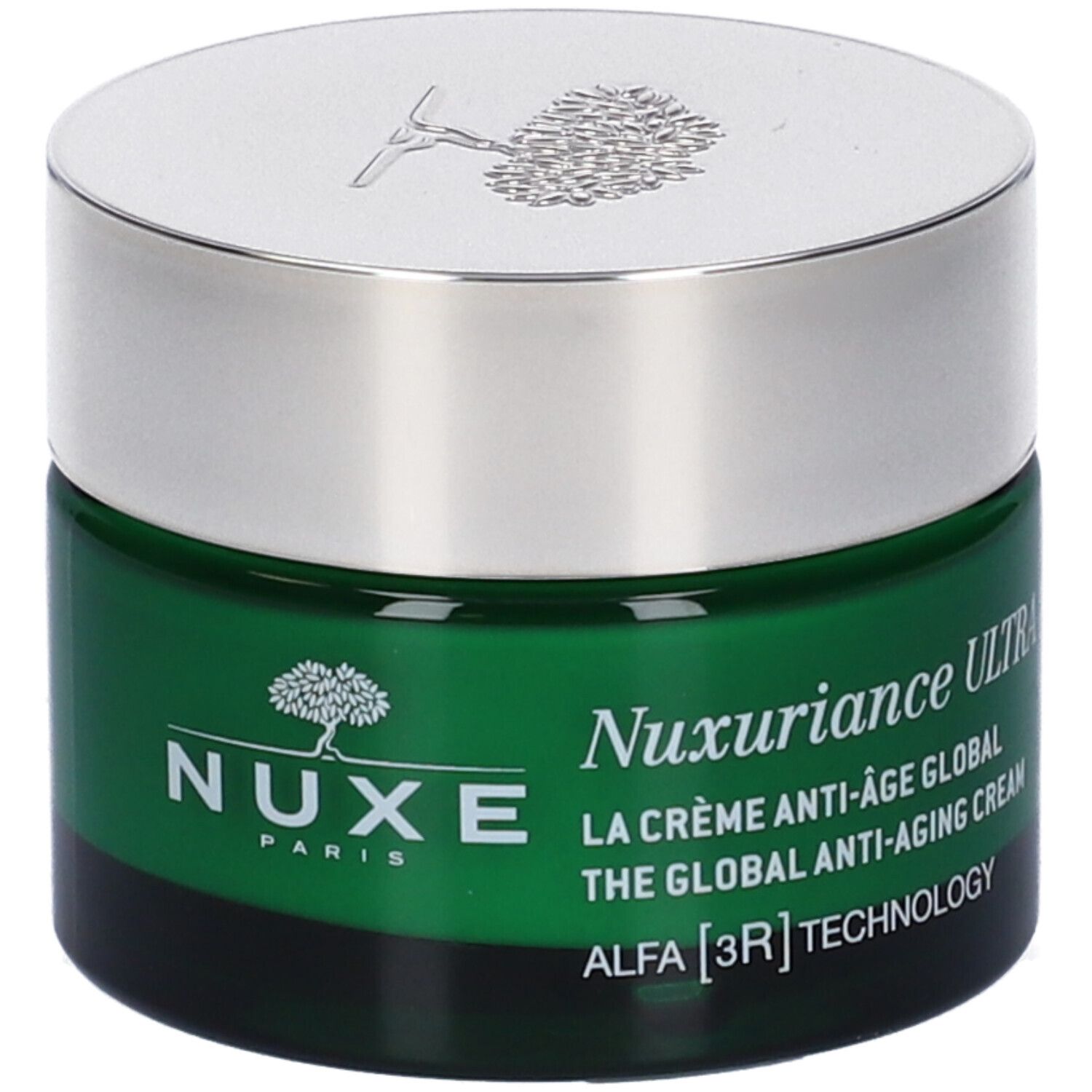 Vaso di crema verde con coperchio argentato. Scritta: Nuxe Paris, Nuxuriance Ultra, La Crème Anti-Âge Global, Alfa [3R].