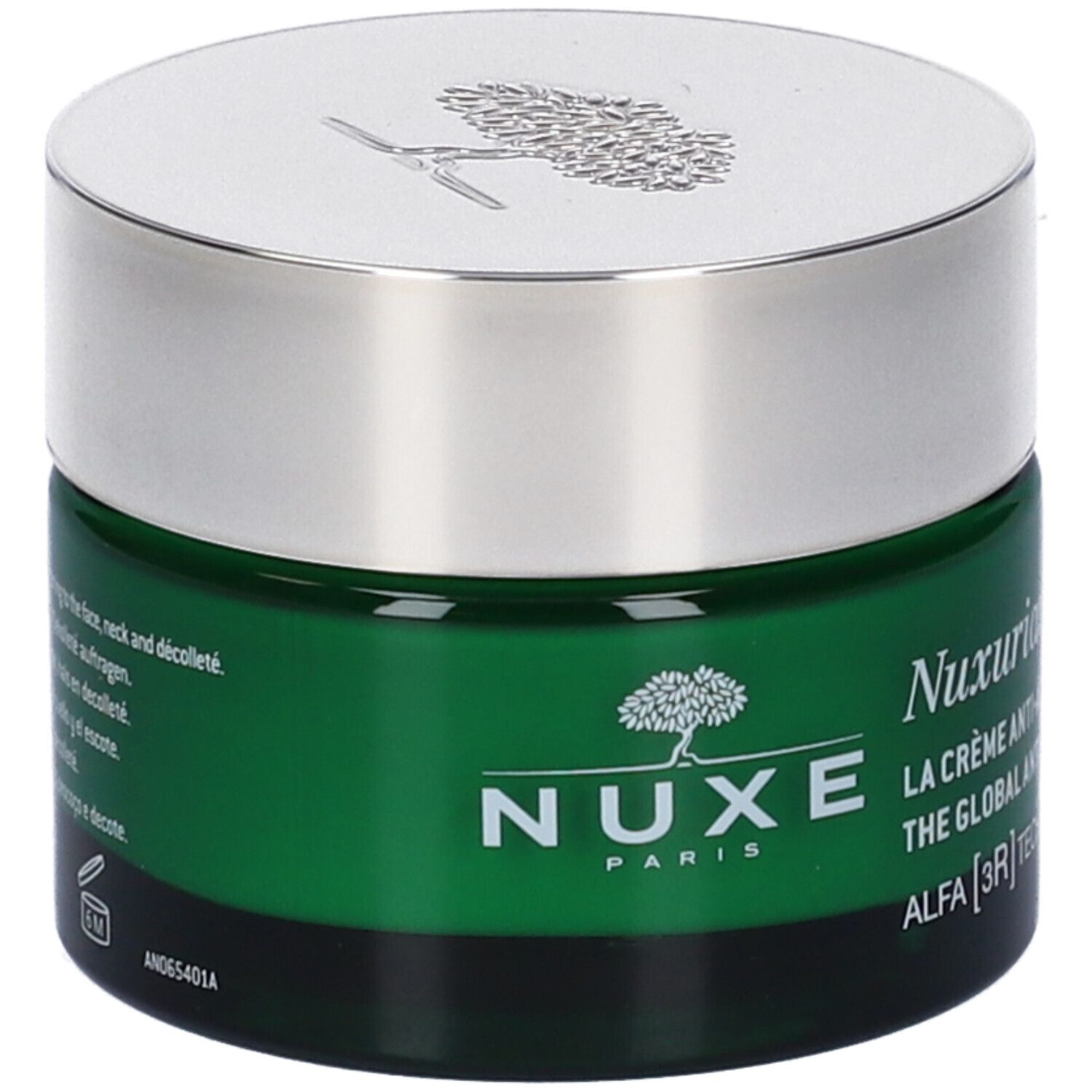 Vaso di crema verde con coperchio argentato. Scritta: Nuxe Paris, Nuxuriance Ultra, La Crème Anti-Âge Global, Alfa [3R].