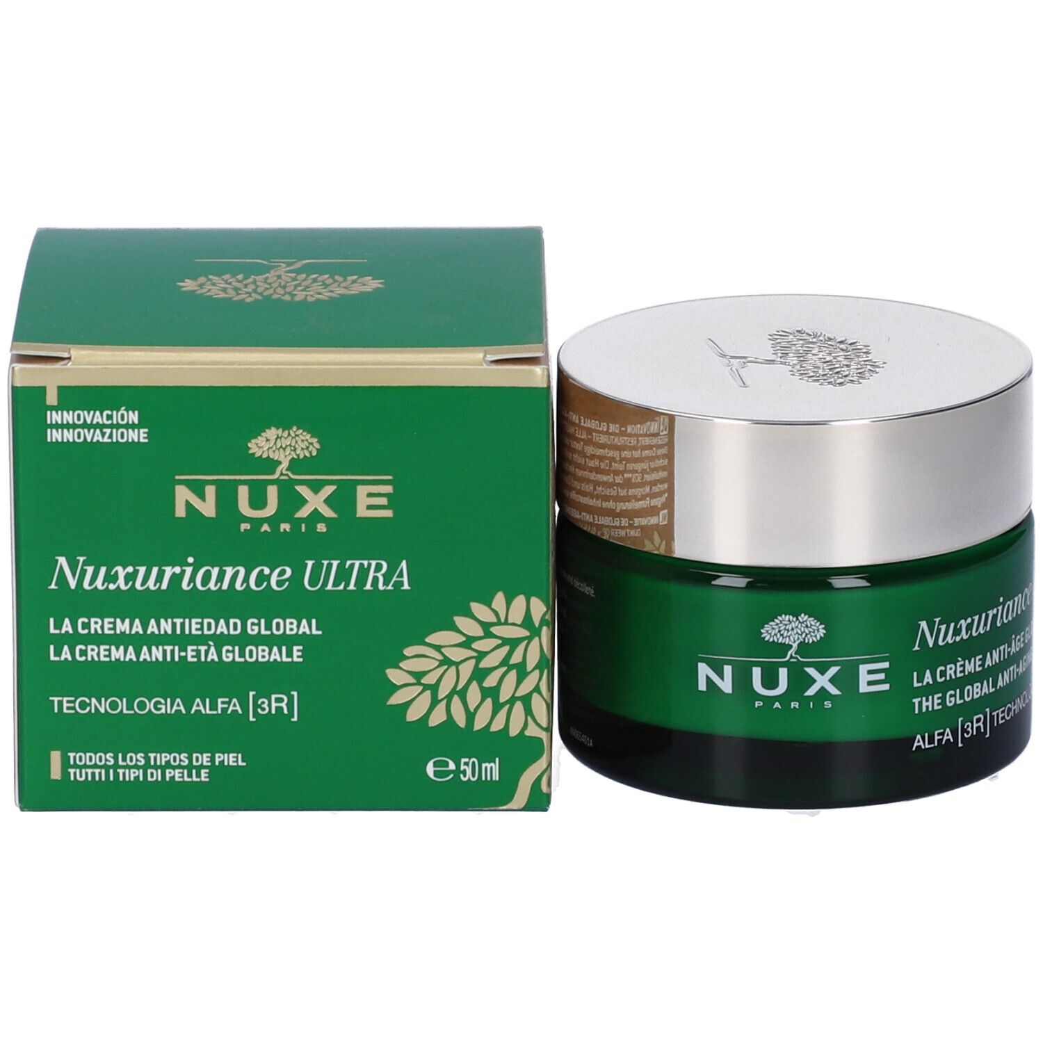 Scatola e vaso verdi. Scritta: Nuxe, Nuxuriance Ultra, La Crème Anti-Âge Global, 50 ml. Logo albero.