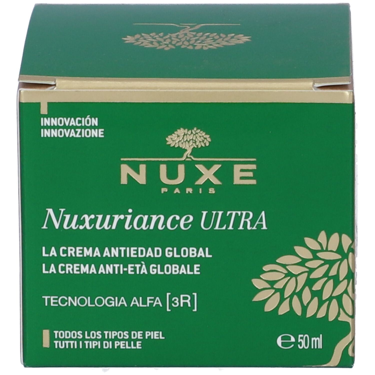 Scatola verde. Scritta: Nuxe, Nuxuriance Ultra, La Crème Anti-Âge Global, 50 ml. Logo albero.