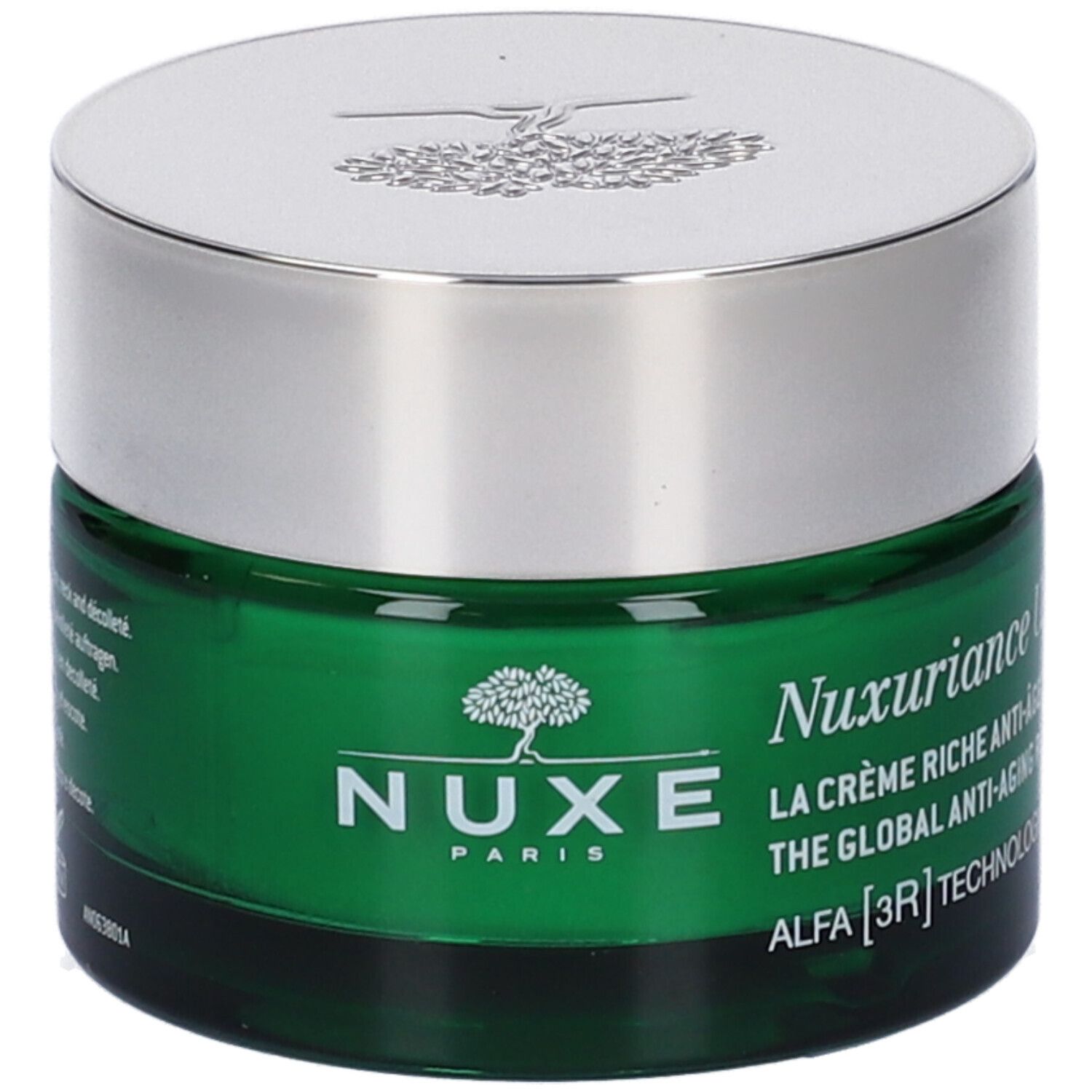 Vasetto di crema verde con coperchio argentato. Scritta Nuxe, Nuxuriance Ultra, crema anti-età. Logo albero.