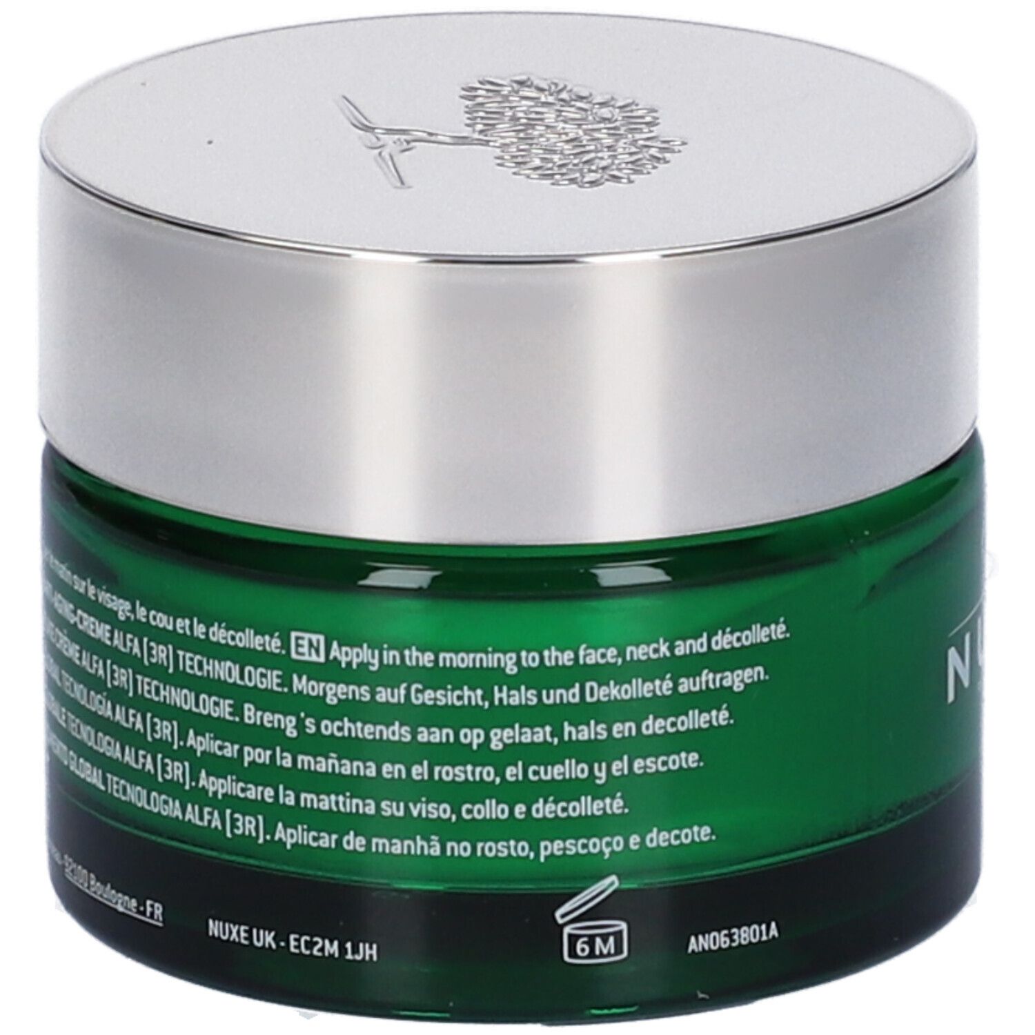 Vasetto di crema verde con coperchio argentato. Testo multilingue. Scritta Nuxe, Nuxuriance Ultra, crema anti-età.