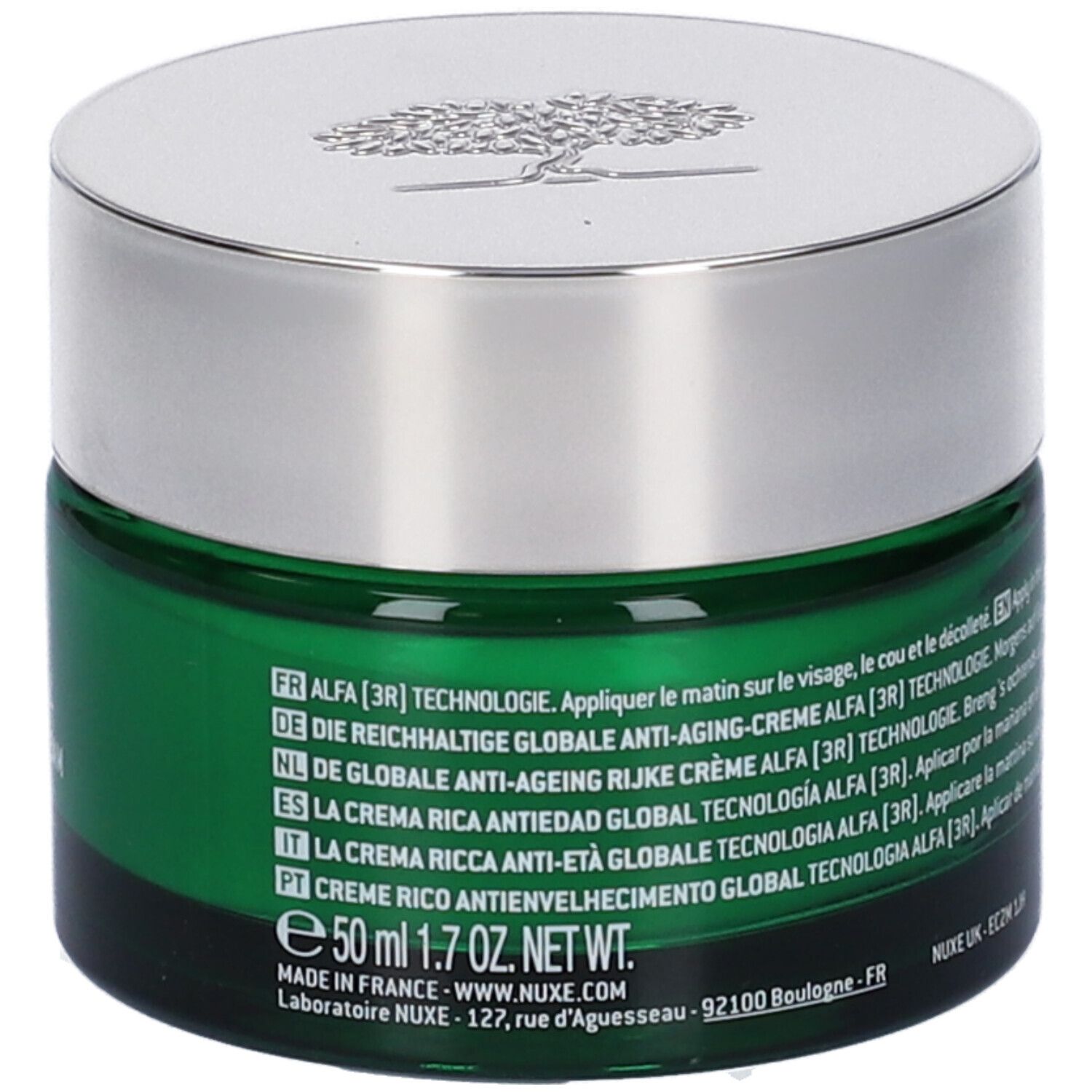 Vasetto di crema verde con coperchio argentato. Testo multilingue. Scritta Nuxe, Nuxuriance Ultra, crema anti-età. 50 ml.
