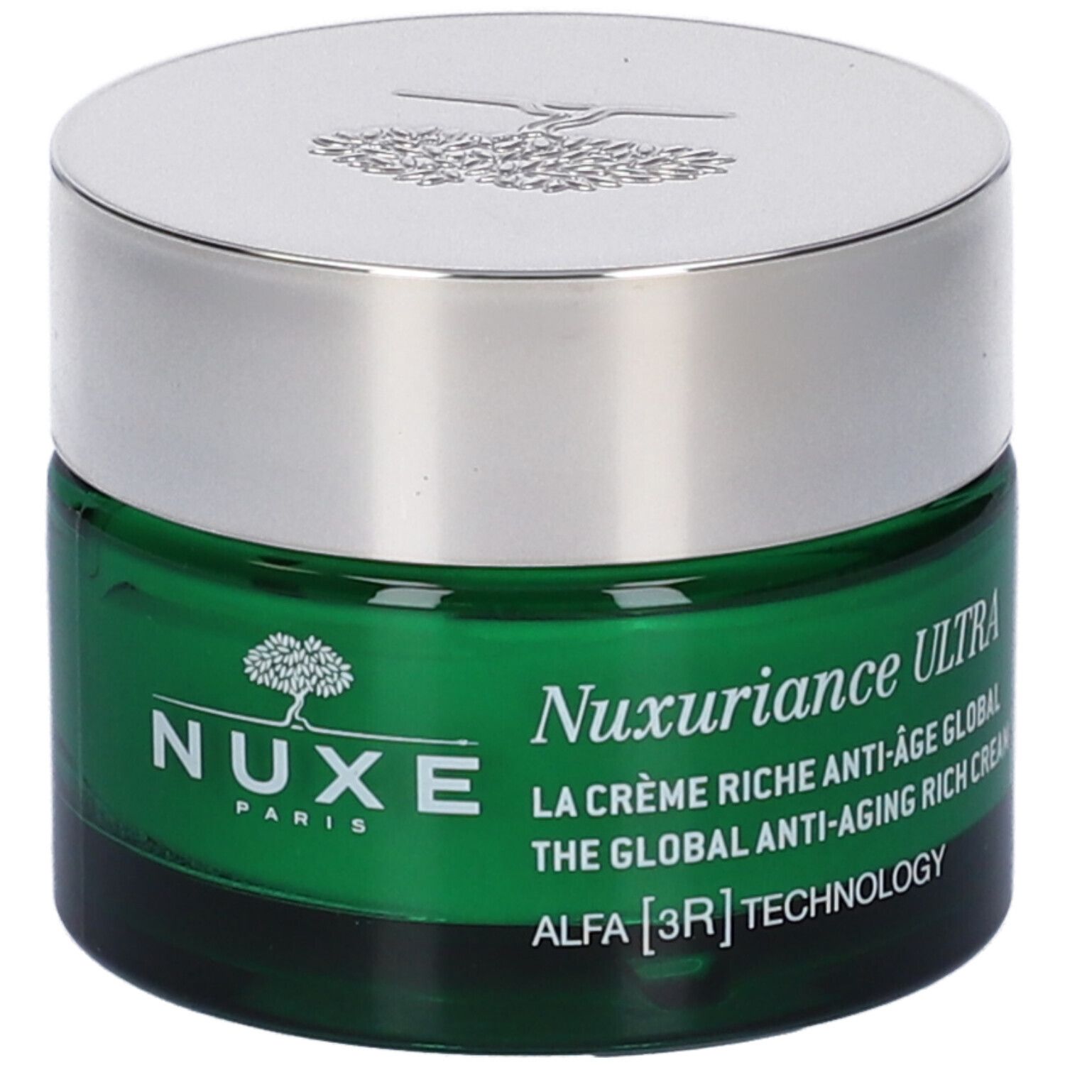 Vasetto di crema verde con coperchio argentato. Scritta Nuxe, Nuxuriance Ultra, crema anti-età. Logo albero.