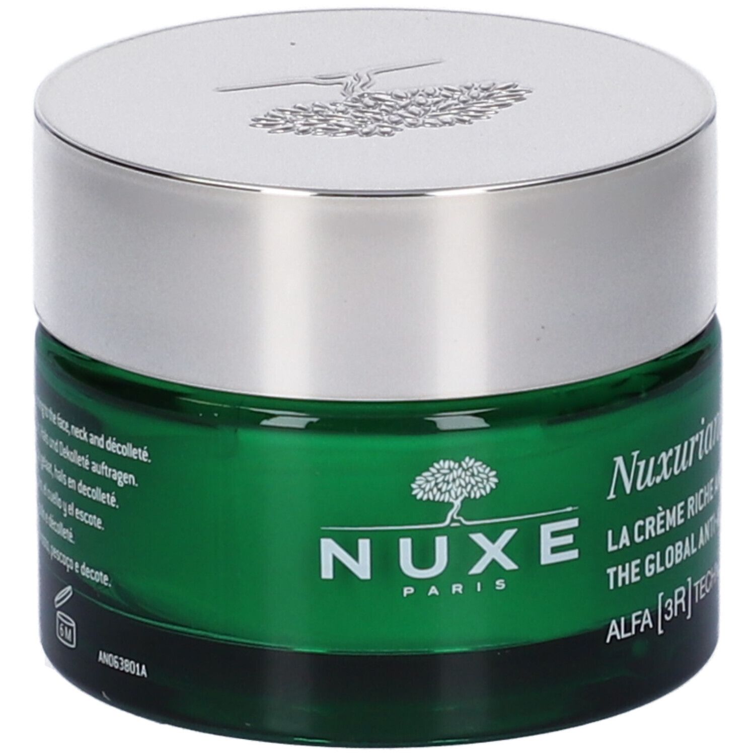 Vasetto di crema verde con coperchio argentato. Scritta Nuxe, Nuxuriance Ultra, crema anti-età. Logo albero.