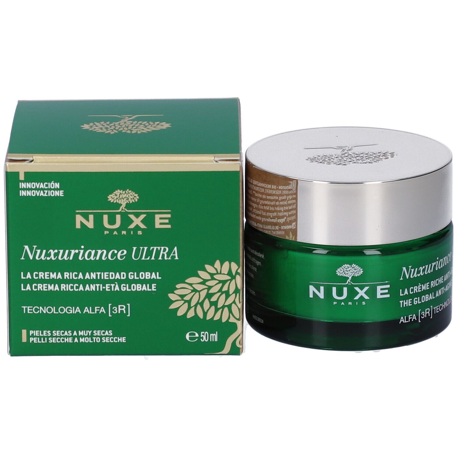 Scatola verde e vasetto di crema. Scritta Nuxe, Nuxuriance Ultra, crema anti-età. 50 ml. Logo albero.