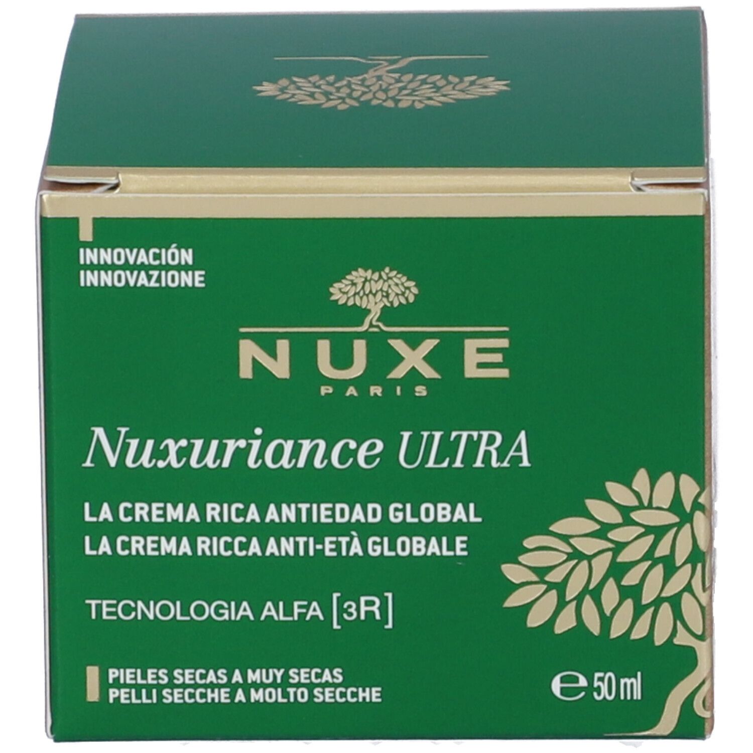 Scatola verde. Scritta Nuxe, Nuxuriance Ultra, crema anti-età. 50 ml. Logo albero.